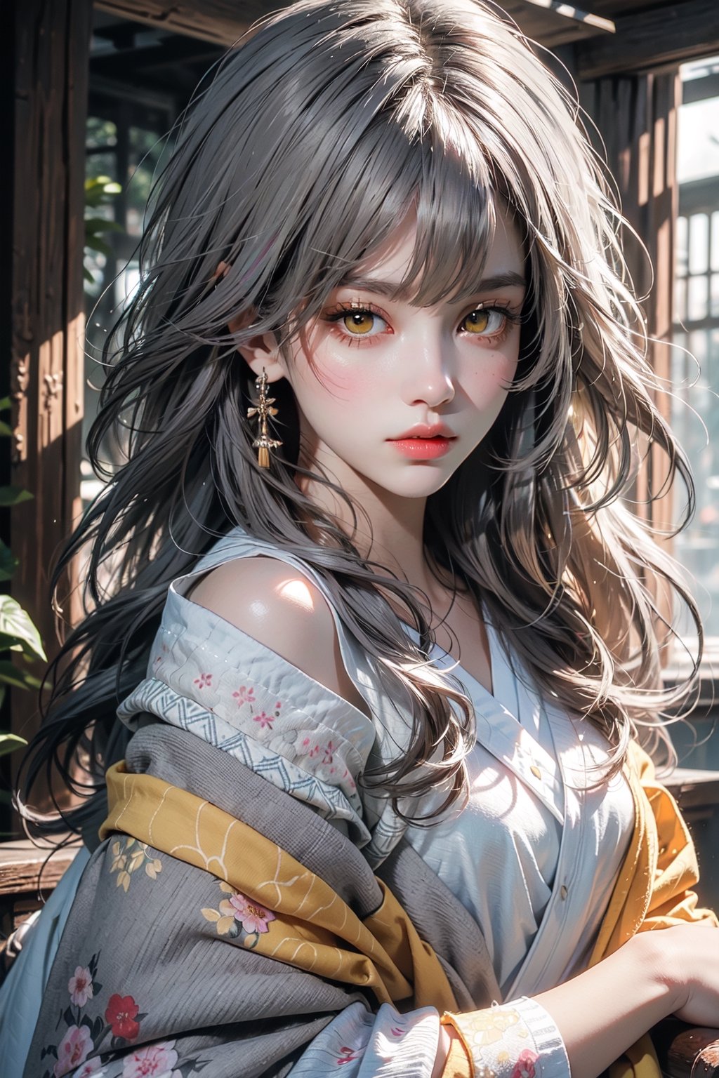 (((masterpiece))), (((best quality))), ((ultra-detailed)), (illustration), ((an extremely delicate and beautiful)), (detailed light), (bloom), looking at viewer,kimono,niji,yellow eyes,grey hair,steldef,
,Realism