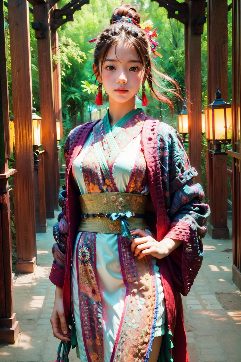 high resolution,  ultra detailed,  (masterpiece:1.4), ((Cowboy Shot: 1.5)), taeri,  busty, super photo realistic illustration, highres, ultla detailed, absurdres, best quality,
from front  shot, face focus, 1 beautiful woman, oiran girll, female oiran, most beautiful korean girl, Korean beauty model, extremely detailed beautiful girl, stunningly beautiful girl, gorgeous girl, 18yo, over sized eyes, big eyes, smiling, looking at viewer, vibrant, kimono dress, intricate pattern, ultra detailed eyes, colorful, darl background, kimono armor, vibrant color theme, exposure blend, bokeh, (hdr:1.4), high contrast,  (cinematic,  teal and orange:0.85),  (muted colors,  dim colors,  soothing tones:1.3),  
BREAK
(god bless you:1.3), compassionate expression, empathetic, caring, kind, content expression, satisfied, pleased, gratified, thoughtful expression, pensive, reflective, contemplative, determined expression, resolute, purposeful, firm,
BREAK
(colorful:1.5), glowing lights, pillar of lights, blooming light effect, papier colle, paper collage, layered compositions, varied textures, abstract designs, artistic juxtapositions, mixed-media approach,
(Zentangle:1.5), structured patterns, meditative drawing, intricate designs, focus and relaxation, creative doodling, artistic expression, dragonbaby, CrclWc,watercolor \(medium\),warrior