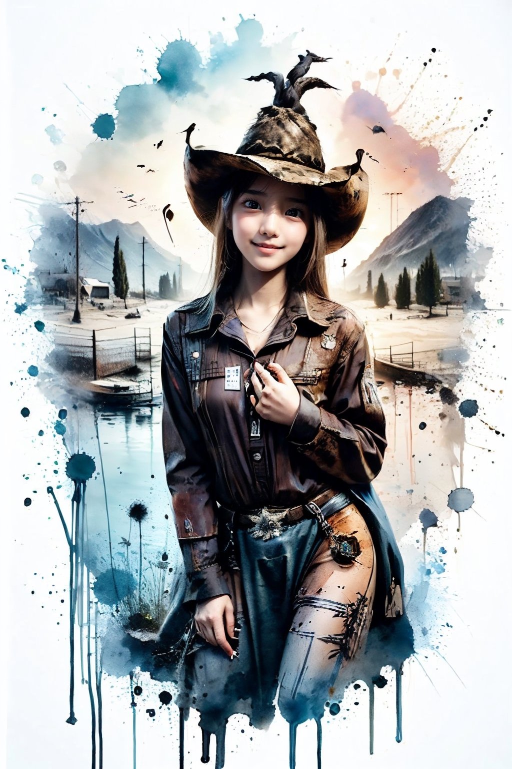 solo, ((Cowboy Shot: 1.5)), 1 girl, beautiful korean girl, looking at viewer, 18 yo, over sized eyes, big eyes, smiling, girl caressing a rabbit, dressed as a witch near a river, crouching caressing the rabbit, pastel colors, purple colors, blue colors, green colors, shading, gray scale, hand drawn,Chromaspots,ink splash