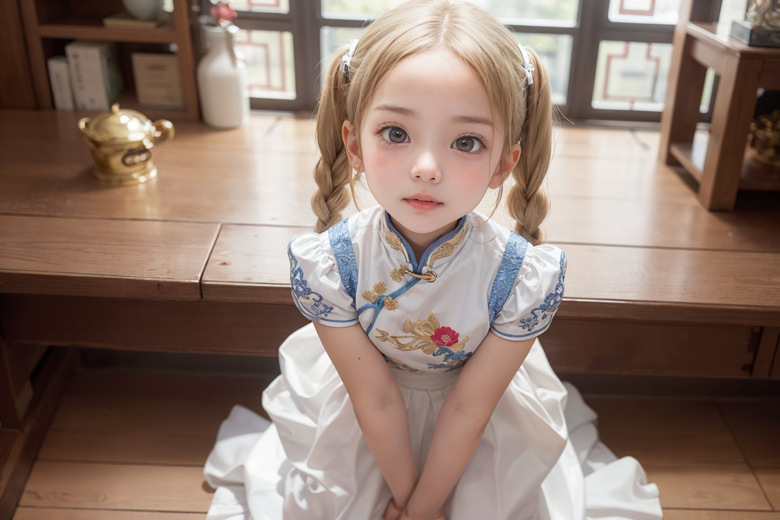 Envision a cute little girl, with blonde hair, blue eyes, ((kiss pose)), wearing 2 golden star earrings, white clothes, cheongsam with golden thread embroidery, steel chestpad, holding a face mask with the right hand, symmetrical, looking up, ((adorable expression)), full body, hair strand, Fair skin, glistening, 2 side braids, best quality, masterpiece, sharp focus, super detailed, 8k, high angle photo, close up, high contrast, (((tween, preteen, 7-year-old, 4k))), AIDA_LoRA_AnC, ((looking up her clothes)), 