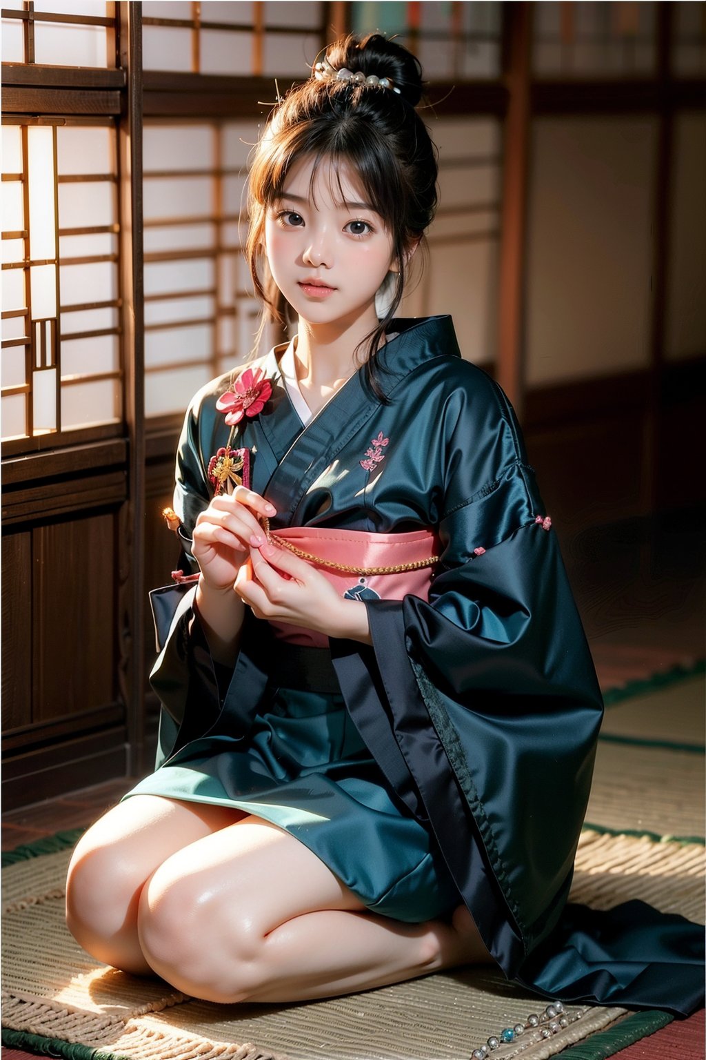 1girl, most beautiful korean girl, Korean beauty model, stunningly beautiful girl, gorgeous girl, 20yo, over sized eyes, big eyes, smiling, looking at viewer
, solo,Aoyagi (Level D),
black hair, long hair,hair bun,
Green Eyes,
medium_breasts, 
kunoichi,
geisha,OIRAN,
hairpin,hair beads,
make up,
Edo(Japanese period),
kimono,indoor,
scenery,night,
knee sitting,seiza,
hands on knees,
smile, blush,
Masterpiece, 4K, ultra detailed, anime style, 
more detail XL, SFW, 
depth of field,
Ink art,masterpiece