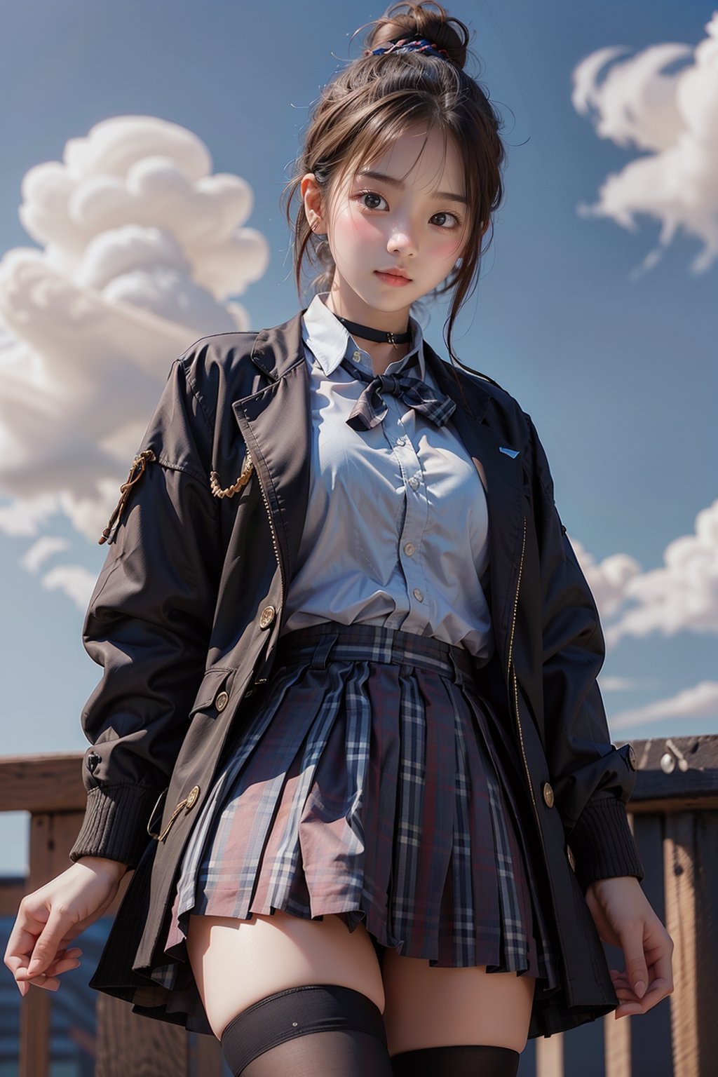 ((masterpiece,best quality, detailed)), ultra-detailed, detailed hair, hard rim lighting,((dramatic lighting)),sharp focus, blue sky, clouds, from below, cowboy shot, shiraki meiko, school uniform, hair bun, glasses, black thighhighs, plaid skirt, ribbon choker, brown jacket,colorful_girl_v2