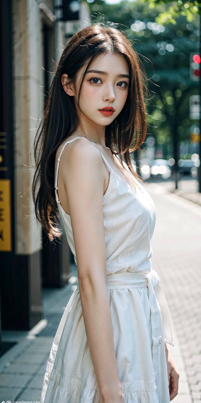 (Best quality, 8k, 32k, Masterpiece, UHD:1.2), photorealistic:1.37,Photo   masterpiece, best quality, raw photo,  uhd, 1girl,  long hair, hair shiny,brown hair, seductive, white dress, model pose, looking at viewer, on street, intricate detail, detailed background, detailed skin, pore, highres, hdr, look at viewer, from frontal, full body focus, street snaps, depth of field,  detailed details, anatomically correct,  (photorealistic, SFW:1.3), (upper body from waist framing:1.2), renaissance background, natural lighting, golden_ratio, shot on Kodak Vision3 IMAX, Fujicolor_Pro_Film,realhands, 