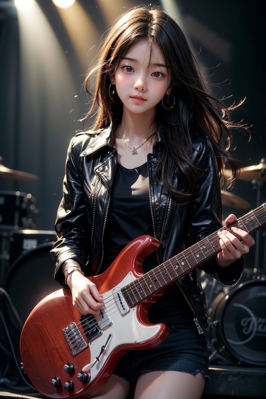 background is music stage,rock band,spot lights, 18 yo, 1 girl, beautiful korean girl, big eyes, stanging on stage, holding an electric guitar, wearing black bike jacket, happy smile,solo, {beautiful and detailed eyes}, dark eyes, calm expression, delicate facial features, ((model pose)), Glamor body type, (dark hair:1.2),very long hair,curly hair,hair_past_waist, simple tiny necklace,simple tiny earrings, flim grain, realhands, masterpiece, Best Quality, 16k, photorealistic, ultra-detailed, finely detailed, high resolution, perfect dynamic composition, beautiful detailed eyes, eye smile, ((nervous and embarrassed)), sharp-focus, full_body, cowboy_shot,colorful_girl_v2, looking at viewer