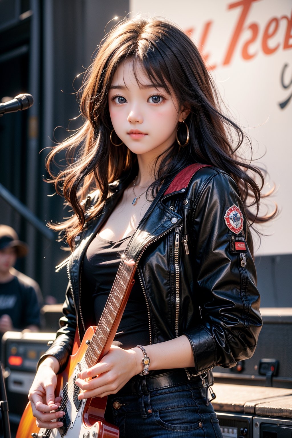 background is music stage,rock band,spot lights, 18 yo, 1 girl, beautiful korean girl, big eyes, stanging on stage, holding an electric guitar, wearing black bike jacket, happy smile,solo, {beautiful and detailed eyes}, dark eyes, calm expression, delicate facial features, ((model pose)), Glamor body type, (dark hair:1.2),very long hair,curly hair,hair_past_waist, simple tiny necklace,simple tiny earrings, flim grain, realhands, masterpiece, Best Quality, 16k, photorealistic, ultra-detailed, finely detailed, high resolution, perfect dynamic composition, beautiful detailed eyes, eye smile, ((nervous and embarrassed)), sharp-focus, full_body, cowboy_shot,colorful_girl_v2, looking at viewer,masterpiece