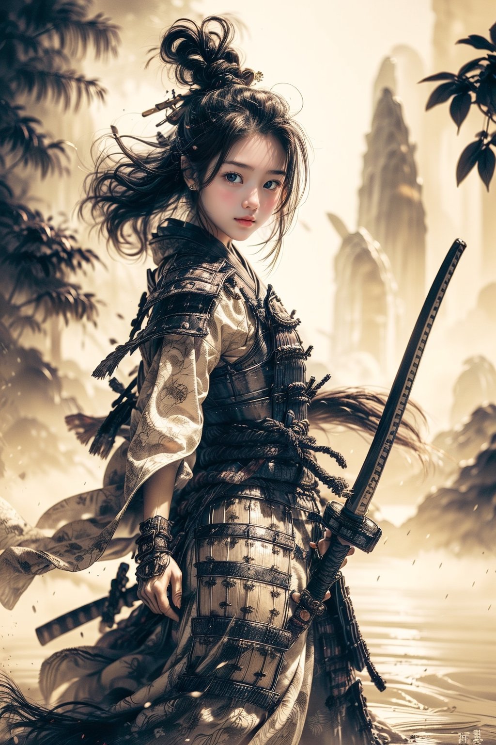 1girl, Sweet, full body, large breasts, The background is rainy day, bright autumn, battlefield fires and buning embers rizeing, most beautiful korean girl, looking at viewer, 18yo, over sized eyes, big eyes, Female Samurai, Holding a Japanese Sword, shining bracelet, beautiful hanfu(white, transparent), cape, solo, {beautiful and detailed eyes}, calm expression, natural and soft light, delicate facial features,very small earrings, ((model pose)), Glamor body type, (neon hair:1.2), long ponytail, very_long_hair, hair past hip, curly hair, flim grain, realhands, masterpiece, Best Quality, photorealistic, ultra-detailed, finely detailed, high resolution, perfect dynamic composition, beautiful detailed eyes, eye smile, ((nervous and embarrassed)), sharp-focus, full_body, sexy pose, Samurai girl, glowing forehead, lighting, Japanese Samurai Sword (Katana),best quality,chinkstyle