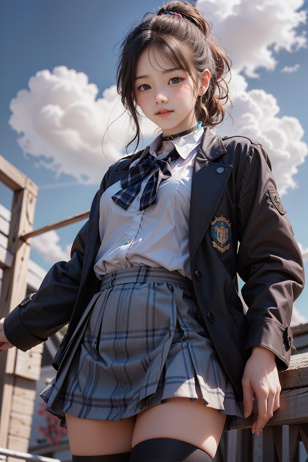 ((masterpiece,best quality, detailed)), ultra-detailed, detailed hair, hard rim lighting,((dramatic lighting)),sharp focus, blue sky, clouds, from below, cowboy shot, shiraki meiko, school uniform, hair bun, glasses, black thighhighs, plaid skirt, ribbon choker, brown jacket,colorful_girl_v2