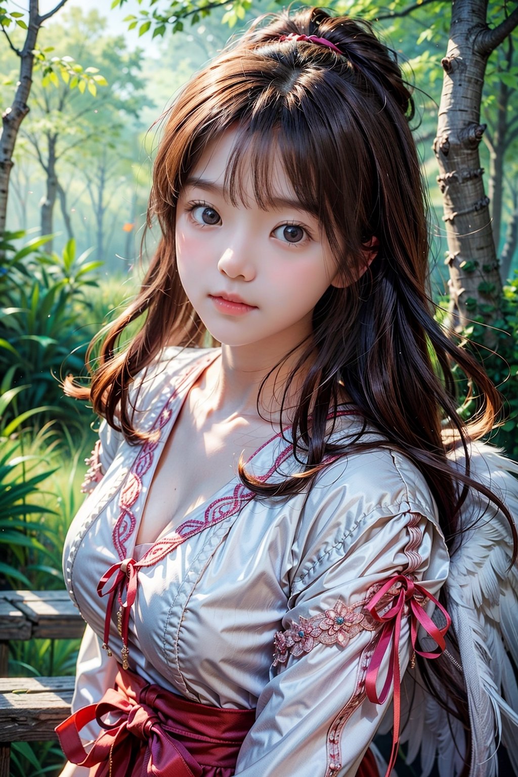 1 girl, beautiful korean girl, looking at viewer, Kyary Pamyu Pamyu perfectly morped with 18 year old angel Olsen, over sized eyes, big eyes, smiling, Kikyo, brown eyes, cowboy_shot, photorealistic, (hyperrealistic:1.2), perfect eyes, perfect face, perfect lighting, outdoors, warm colors, forest, perfect,masterpiece