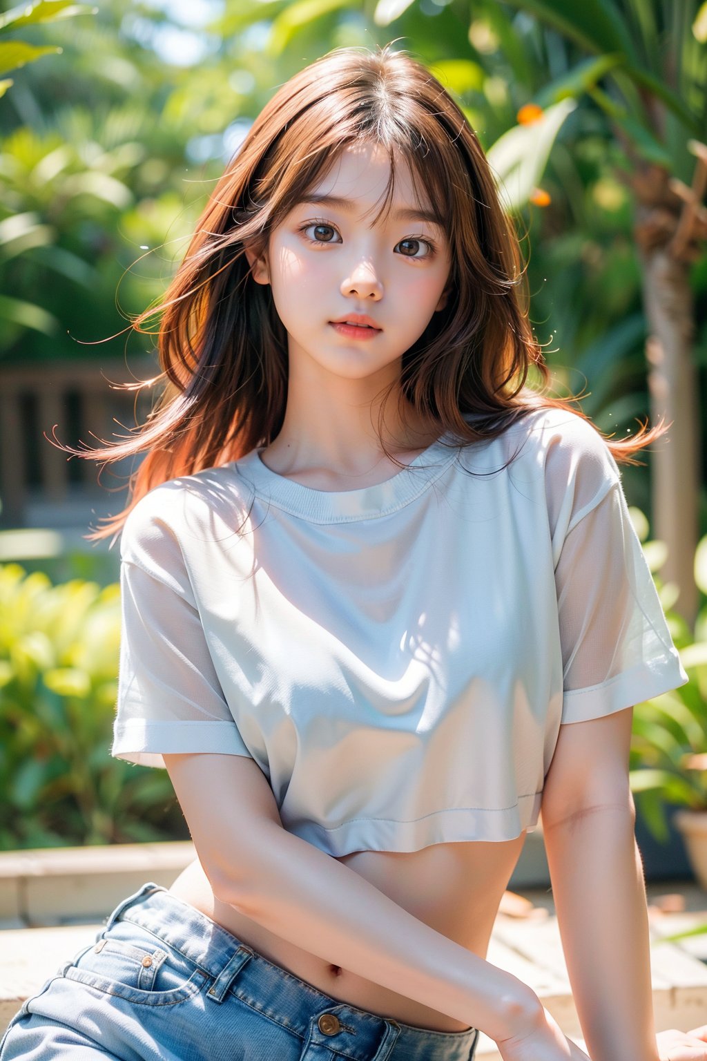 (masterpiece, best quality, highres:1.3), ultra resolution image, (solo), (1girl, most beautiful korean girl, Korean beauty model, stunningly beautiful girl, gorgeous girl, 20yo, over sized eyes, big eyes, smiling, looking at viewer), formad hair:1.4, forehead, long hair syle, tomboy, blonde hair, red eye, simple --niji, kpop girl, :3:1.3, (simple white t shirts), (blue jeans), navel, large hips, mature girl, kawai pose, victory, :3:1.2, face close to viewer, fall in love to viewer, dynamic angle:1.4, pixel_art,