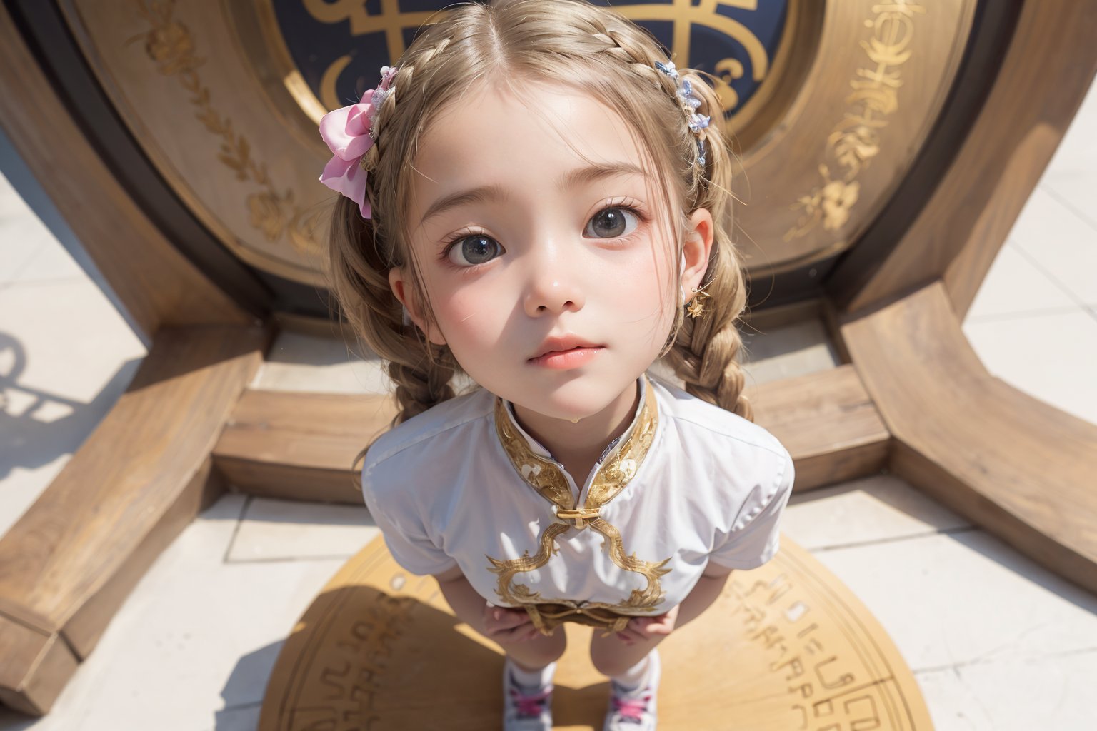 Envision a cute little girl, with blonde hair, blue eyes, ((kiss pose)), wearing 2 golden star earrings, white clothes, cheongsam with golden thread embroidery, steel chestpad, holding a face mask with the right hand, symmetrical, looking up, ((adorable expression)), full body, hair strand, Fair skin, glistening, 2 side braids, best quality, masterpiece, sharp focus, super detailed, 8k, high angle photo, close up, high contrast, (((tween, preteen, 10-year-old, 4k))), AIDA_LoRA_AnC, ((looking up her clothes)), 