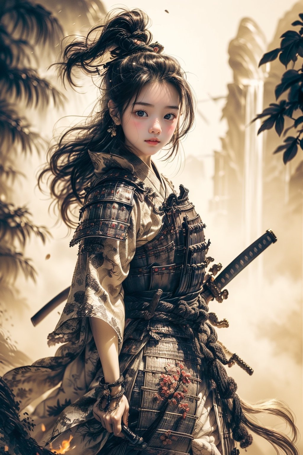 1girl, Sweet, full body, large breasts, The background is rainy day, bright autumn, battlefield fires and buning embers rizeing, most beautiful korean girl, looking at viewer, 18yo, over sized eyes, big eyes, Female Samurai, Holding a Japanese Sword, shining bracelet, beautiful hanfu(white, transparent), cape, solo, {beautiful and detailed eyes}, calm expression, natural and soft light, delicate facial features,very small earrings, ((model pose)), Glamor body type, (neon hair:1.2), long ponytail, very_long_hair, hair past hip, curly hair, flim grain, realhands, masterpiece, Best Quality, photorealistic, ultra-detailed, finely detailed, high resolution, perfect dynamic composition, beautiful detailed eyes, eye smile, ((nervous and embarrassed)), sharp-focus, full_body, sexy pose, Samurai girl, glowing forehead, lighting, Japanese Samurai Sword (Katana),best quality,chinkstyle