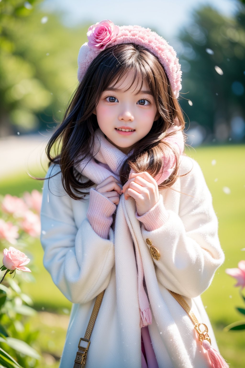 Winter style, snow falling, plum flowers blooming, big eyes, beautiful korean girl, A cute little girl wears pink and white fluffy coat and scarf, with a pink bow tied on her head. She smiled brightly and her eyes twinkled with kindness. She held a pink rose in her hand and smelled the fragrance. Under her feet is a lush green flower and grass, as if she is a part of nature. Her laughter in the breeze adds a touch of childlike innocence to this beautiful scene. Please give her some more background or context so we can add more details ,perfect split lighting,ZGirl,Nature, flowers blooming fantastic and dreamy light romantic lighting bokeh background ,snow_scene_background,1 girl