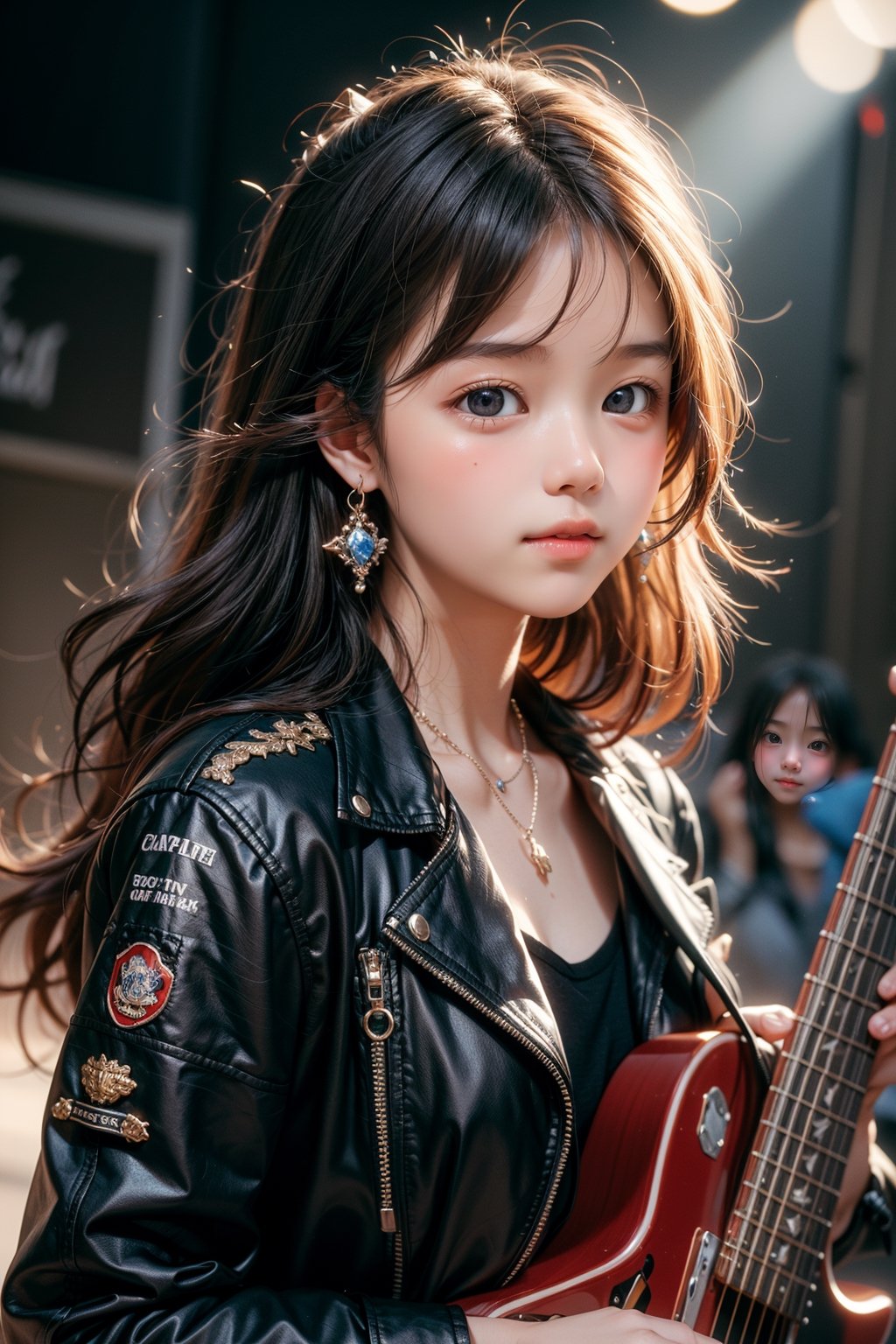 background is music stage,rock band,spot lights, 18 yo, 1 girl, beautiful korean girl, big eyes, stanging on stage, holding an electric guitar, wearing black bike jacket, happy smile,solo, {beautiful and detailed eyes}, dark eyes, calm expression, delicate facial features, ((model pose)), Glamor body type, (dark hair:1.2),very long hair,curly hair,hair_past_waist, simple tiny necklace,simple tiny earrings, flim grain, realhands, masterpiece, Best Quality, 16k, photorealistic, ultra-detailed, finely detailed, high resolution, perfect dynamic composition, beautiful detailed eyes, eye smile, ((nervous and embarrassed)), sharp-focus, full_body, cowboy_shot,colorful_girl_v2, looking at viewer,masterpiece,best quality