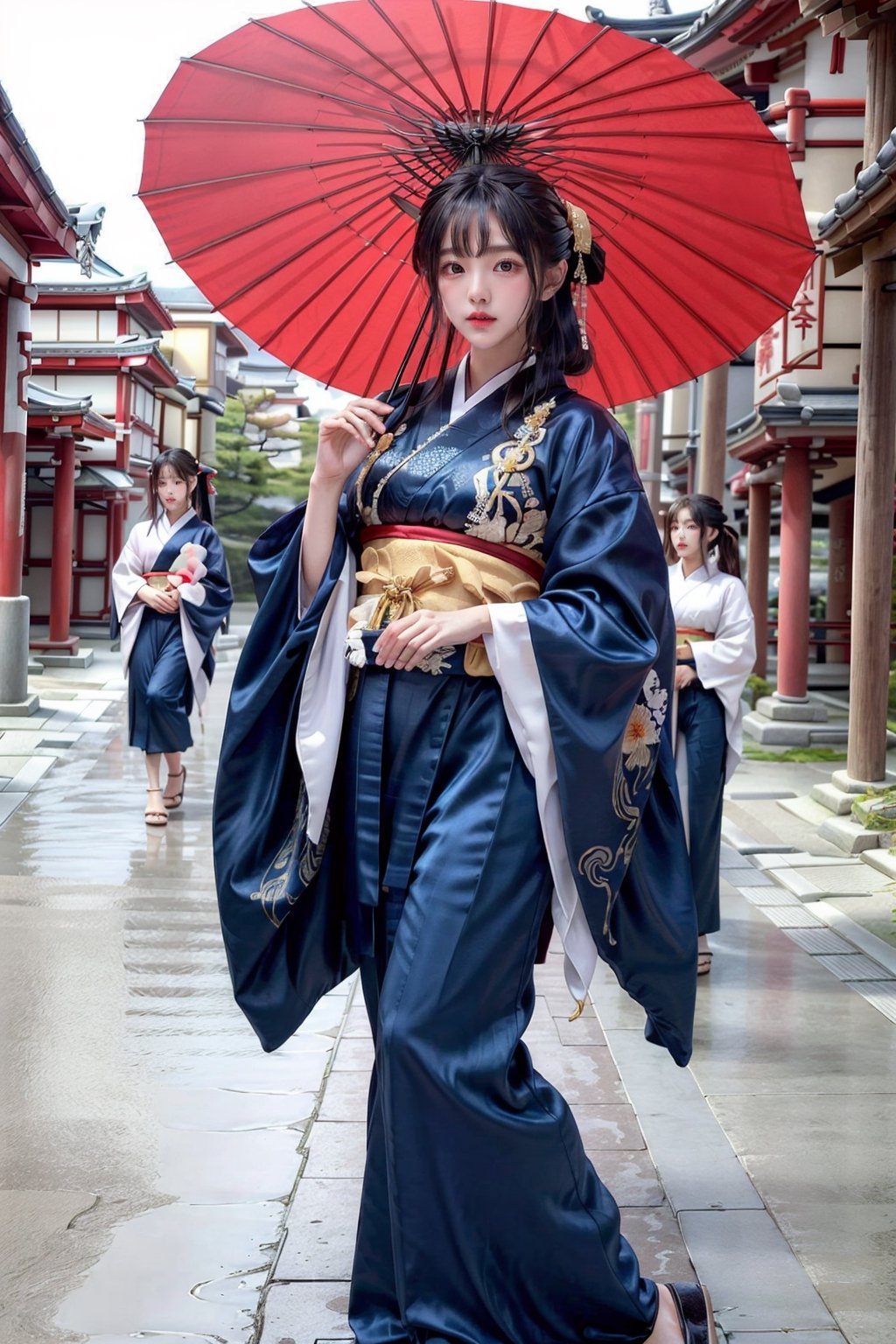  ((hand holding red Japanese umbrella)), beautiful Korean 18yo girl, idol face, gorgeous girl, {beautiful and detailed eyes}, {normal limbs and fingers}, ((accurate hands without incongruity)), Golden ratio, perfect body ratio, The face of a young actress in korea, high details, High quality, beauty face, perfect face,  
beautiful accurate face (eyes, nose and mouth), medium_breasts, Detailed face, Detailed eyes, perfect foot, perfect hand, perfect fingers, Clean facial skin, slim and perfect body, Glamor body type, hips up, film grain, realhands, looking at viewer, detaled face, dark eyes,
decorative topknot black hair, red ornate hairpin, detailed (navy-blue silk fabric brocade kimono), at rainy day of kyoto street, in photorealistic,hand holding umbrella,perfect,wearing kimono,miko dressing,Realism