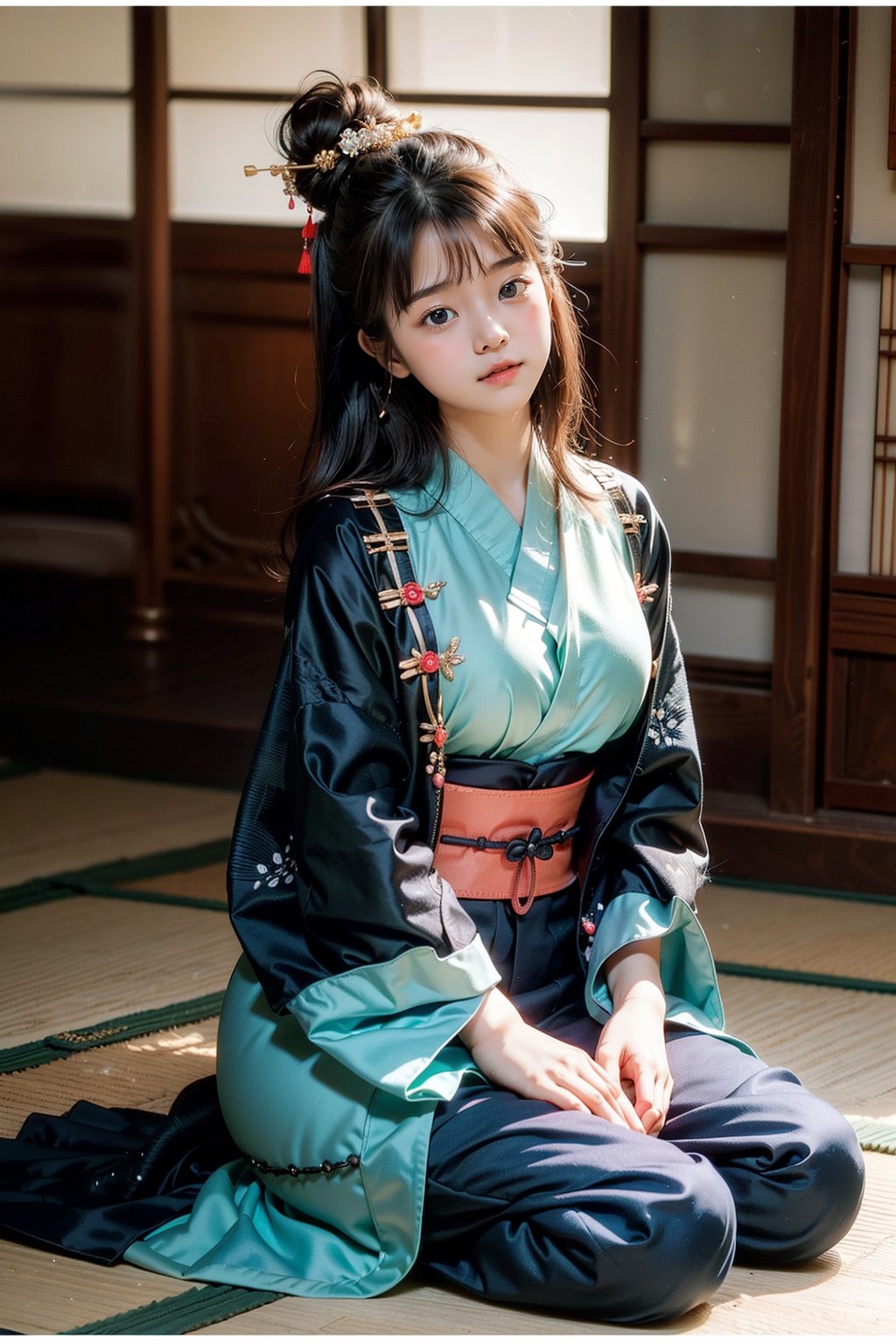 1girl, most beautiful korean girl, Korean beauty model, stunningly beautiful girl, gorgeous girl, 20yo, over sized eyes, big eyes, smiling, looking at viewer
, solo,Aoyagi (Level D),
black hair, long hair,hair bun,
Green Eyes,
medium_breasts, 
kunoichi,
geisha,OIRAN,
hairpin,hair beads,
make up,
Edo(Japanese period),
kimono,indoor,
scenery,night,
knee sitting,seiza,
hands on knees,
smile, blush,
Masterpiece, 4K, ultra detailed, anime style, 
more detail XL, SFW, 
depth of field,
Ink art,masterpiece