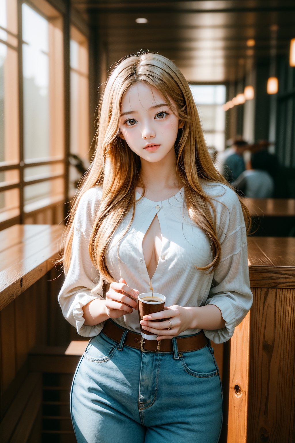 vibrant colors, female, masterpiece, sharp focus, best quality, depth of field, cinematic lighting, ((solo, one woman )), (illustration, 8k CG, extremely detailed), masterpiece, ultra-detailed, solo, ((Cowboy Shot: 1.5)), 1 girl, beautiful korean girl, looking at viewer, 18 yo, over sized eyes, big eyes, smiling, photo of a woman taken by i phone, soft smile, long straight blonde hair, thin nose, high cheek bones, depth of field, coffee shop background, highly detailed, detailed blue eyes,Detailedface