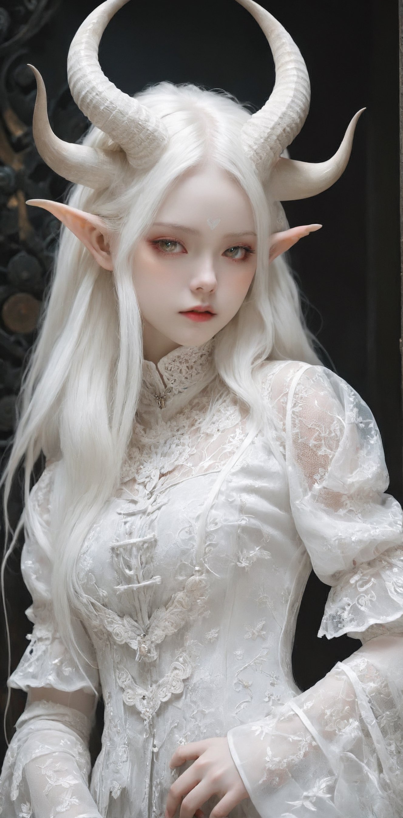 1 girl, full-body_portrait, (masterful), albino demon girl ,(white dreadlocks,mesh fishnet blouse, (long intricate horns:1.2),best quality, highest quality, extremely detailed CG unity 8k wallpaper, detailed and intricate, 
,steampunk style,Glass Elements, looking_at_viewer,chinese girls,goth person