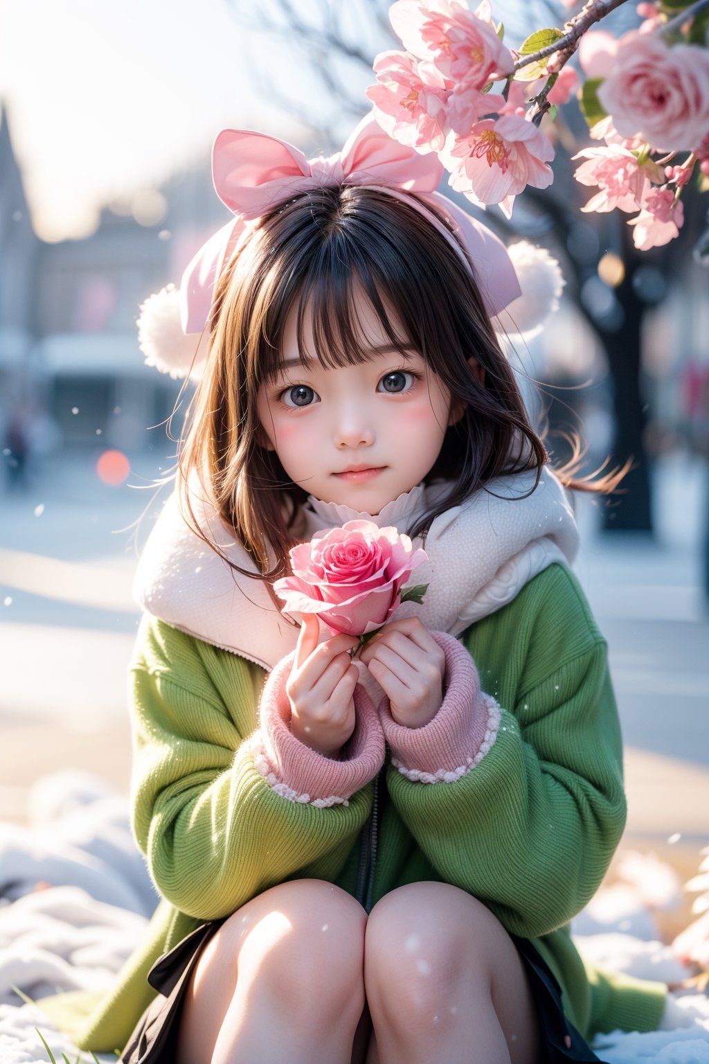 Winter style, snow falling, plum flowers blooming, big eyes, beautiful korean girl, A cute little girl wears pink and white fluffy coat and scarf, with a pink bow tied on her head. She smiled brightly and her eyes twinkled with kindness. She held a pink rose in her hand and smelled the fragrance. Under her feet is a lush green flower and grass, as if she is a part of nature. Her laughter in the breeze adds a touch of childlike innocence to this beautiful scene. Please give her some more background or context so we can add more details ,perfect split lighting,ZGirl,Nature, flowers blooming fantastic and dreamy light romantic lighting bokeh background ,snow_scene_background,1 girl