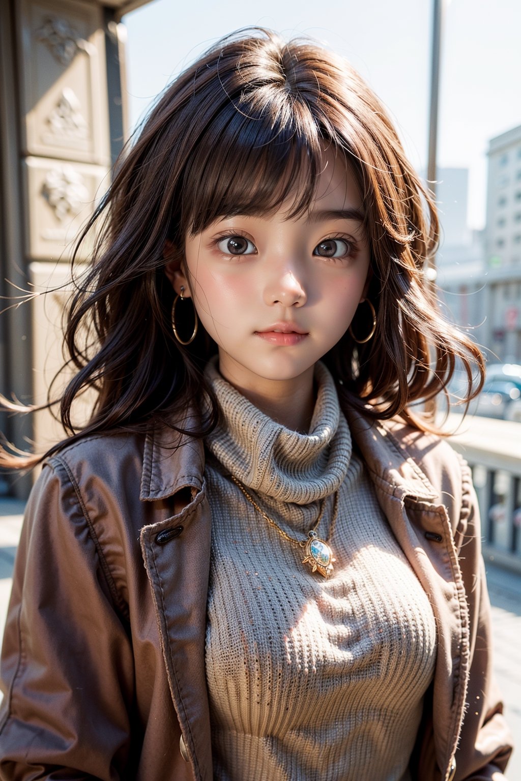 1 girl, beautiful korean girl, looking at viewer, 18yo, over sized eyes, big eyes, smiling, very bright backlighting, solo, {beautiful and detailed eyes},l arge breasts,calm expression, natural and soft light, hair blown by the breeze, delicate facial features, Blunt bangs, eye smile, very small earrings, ((model pose)), Glamor body type,(colorful hair, Half red and half brown hair:1.2), flim grain, realhands, masterpiece, Best Quality, photorealistic, ultra-detailed, finely detailed, high resolution,brown messy hair, perfect dynamic composition, beautiful detailed eyes, ((nervous and embarrassed)), sharp-focus, beautymix, FilmGirl,shy smile,(wearing a beige sweater,a brown coat,a brown scarf:1.3),(pendant:1.3),(model pose:1.3), cowboy_shot