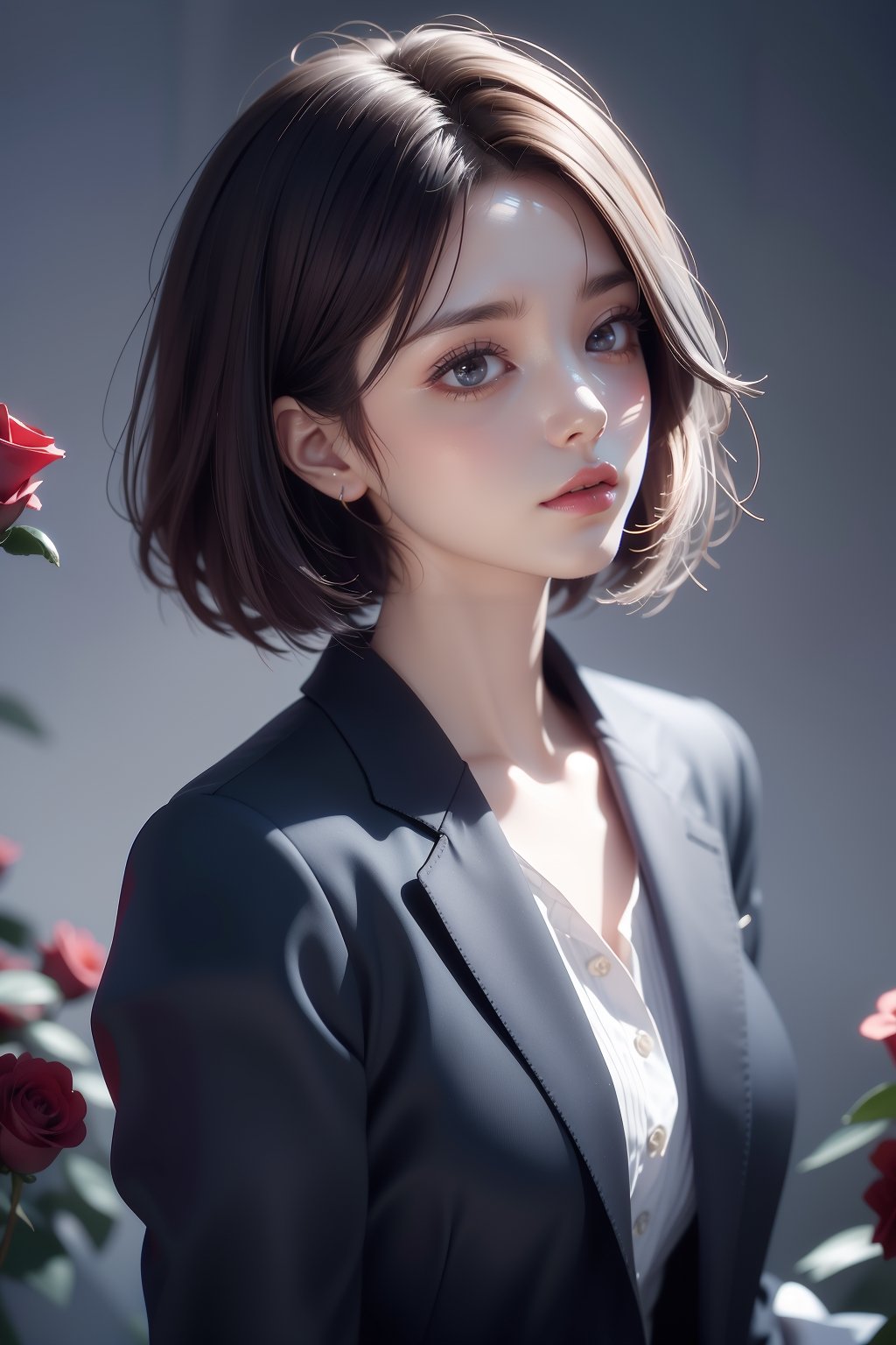 Girl (short hair, brown hair with purple ends), wearing black office suit, roses, dahl background, exposure mix, medium shot, bokeh, (hdr: 1.4), high contrast, (film, gray and black: 0.35), ( Gray tones, dark colors, soothing tones: 1.3), low saturation
,Realism