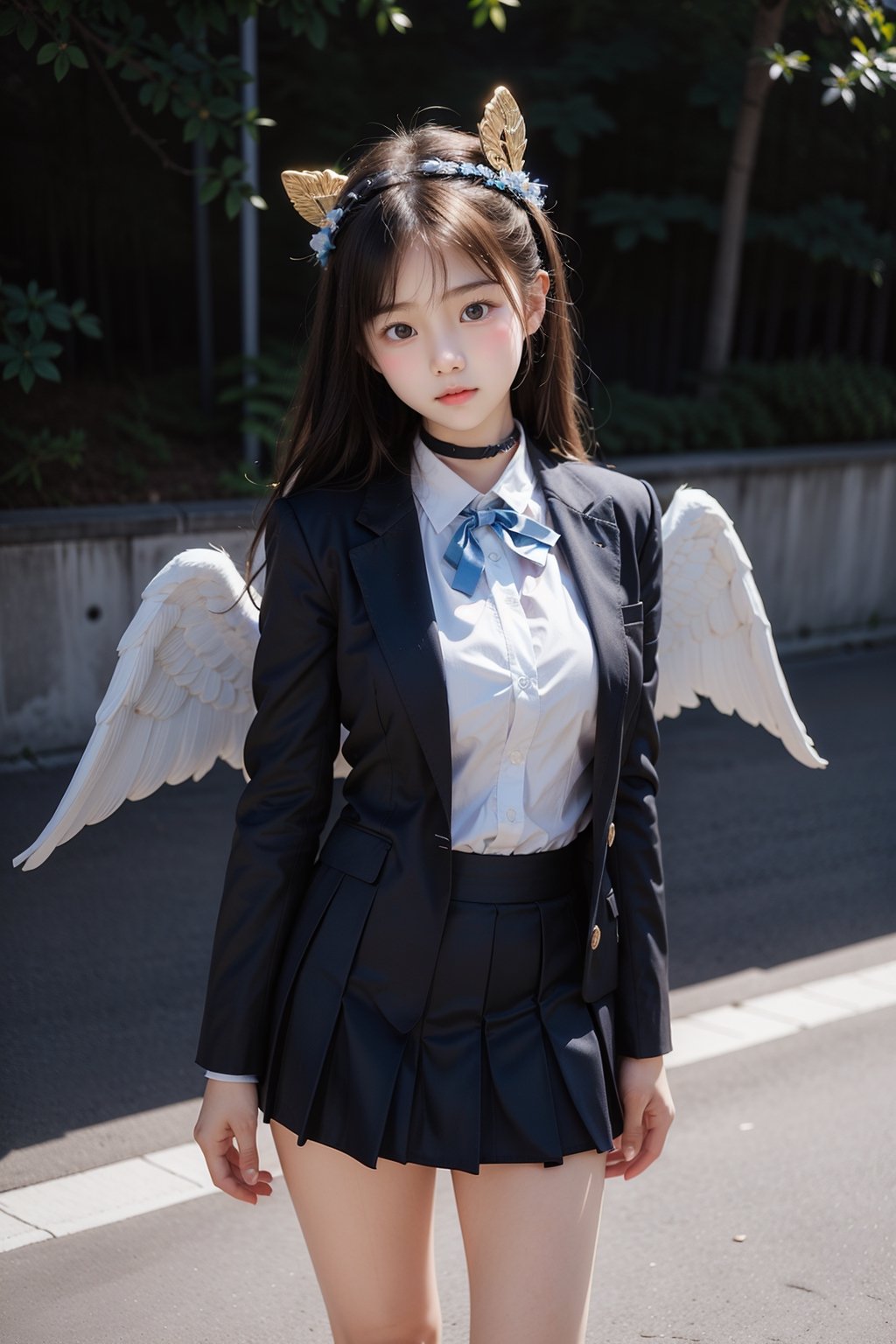 (masterpiece), wide shot, full body:1.1, ringed eyes, 1girl, big eyes, beautiful korean girl, angel, white hair, long curly hair, two side up,blue eyes, two blue ribbons on her hair, (Double golden halo on her head), choker, (angel wings), solo, negative space, (simple white background, standing), cinematic angle, side angle, from above:1, a girl in a school uniform, cute, black pleated skirt, black blazer, blue bow in hair, ahoge, simple, facing viewer, manga illustration style, hand on hip, bangs, staring blankly at the camera, half-closed eyes, detailed blue eyes