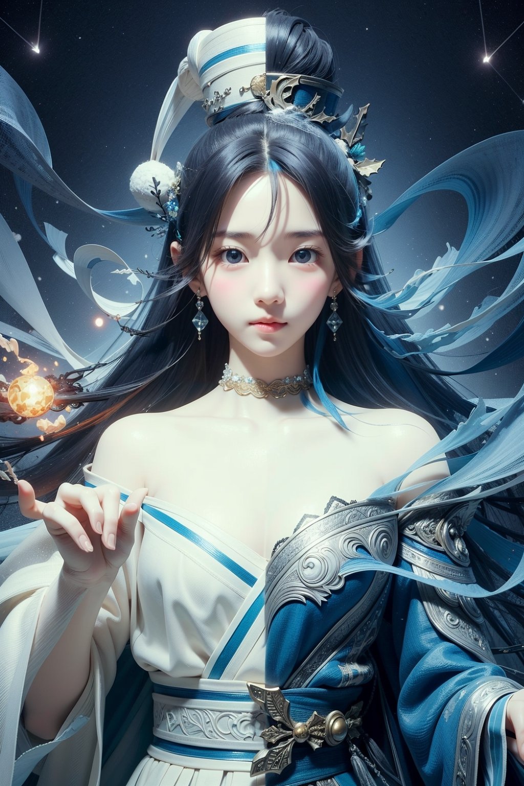  1girl, artist name, gem, glowing, jewelry, long hair, looking at viewer, magic, (christmas hat), artist name, aurora, choker, constellation, embers, light particles, tutututu, hand101,perfect light, beautiful Korean 18yo girl, idol face, gorgeous girl, {beautiful and detailed eyes}, {normal limbs and fingers}, ((accurate hands without incongruity)), Golden ratio, perfect body ratio, The face of a young actress in korea, high details, High quality, beauty face, perfect face,  
beautiful accurate face (eyes, nose and mouth), medium_breasts, Detailed face, Detailed eyes, perfect foot, perfect hand, perfect fingers, Clean facial skin, slim and perfect body, Glamor body type, film grain, realhands, looking at viewer