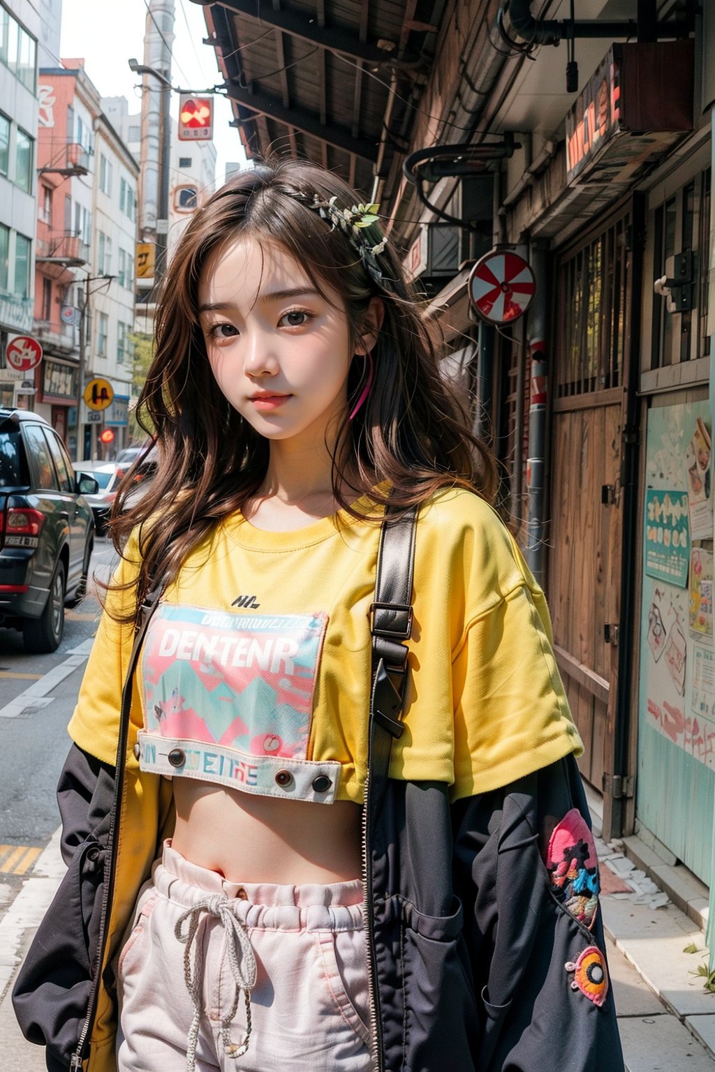 1girl, most beautiful korean girl, Korean beauty model, stunningly beautiful girl, gorgeous girl, 20yo, over sized eyes, big eyes, smiling, looking at viewer, dark gothic cyberpunk woman, defiant face, pastel colors, in clothes, colorful hair, light yellow sweatshirt, pants, black, with pink, guns hd, high detail, huoshen, TheLastOfUs, mgln