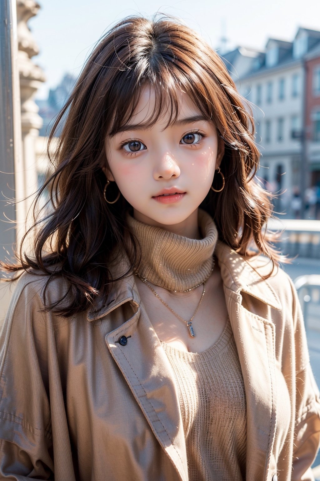 1 girl, beautiful korean girl, looking at viewer, 18yo, over sized eyes, big eyes, smiling, very bright backlighting, solo, {beautiful and detailed eyes},l arge breasts,calm expression, natural and soft light, hair blown by the breeze, delicate facial features, Blunt bangs, eye smile, very small earrings, ((model pose)), Glamor body type,(colorful hair, Half red and half brown hair:1.2), flim grain, realhands, masterpiece, Best Quality, photorealistic, ultra-detailed, finely detailed, high resolution,brown messy hair, perfect dynamic composition, beautiful detailed eyes, ((nervous and embarrassed)), sharp-focus, beautymix, FilmGirl,shy smile,(wearing a beige sweater,a brown coat,a brown scarf:1.3),(pendant:1.3),(model pose:1.3), cowboy_shot