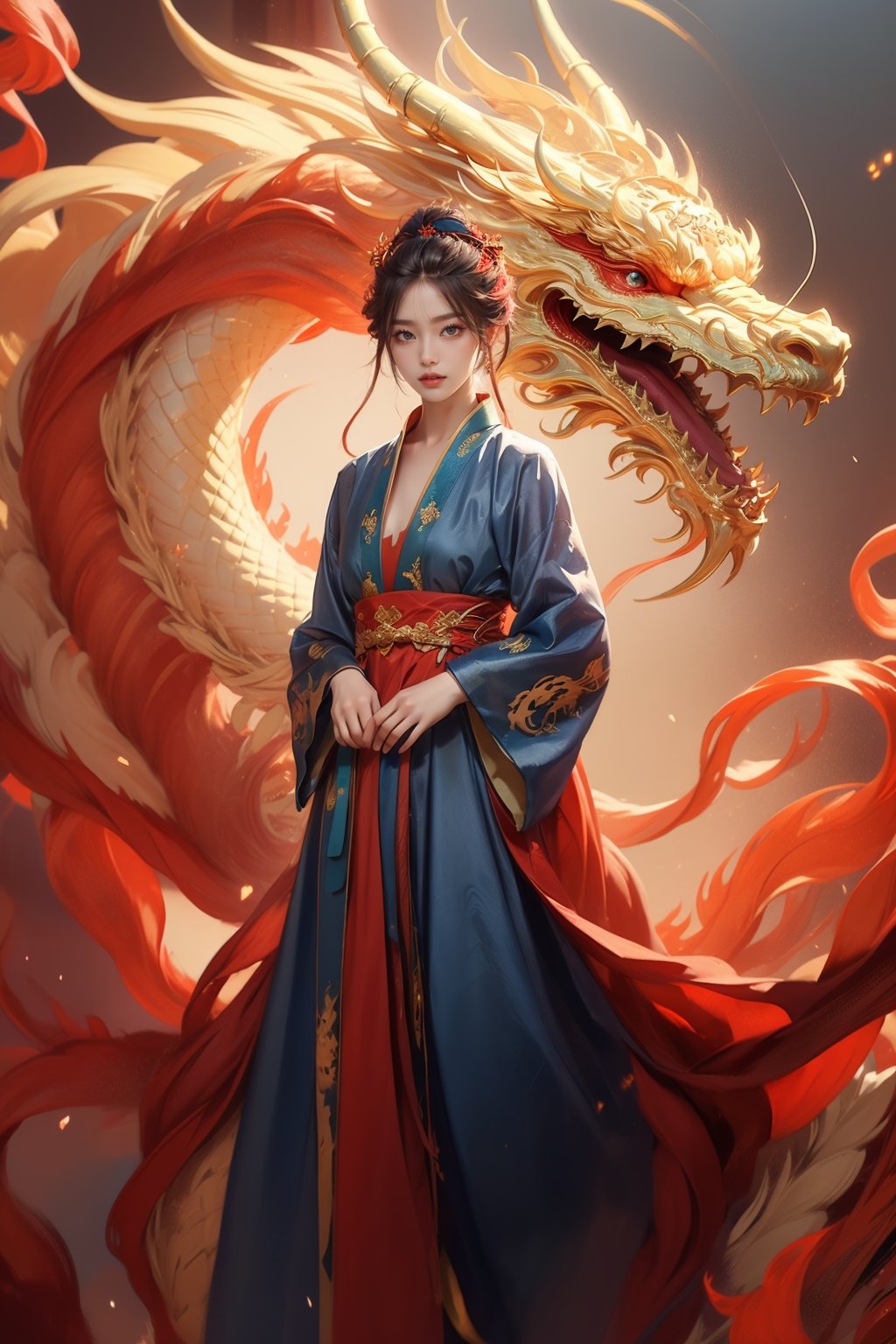 masterpiece, top quality, best quality, official art, beautiful and aesthetic:1.2), (1girl:1.3), 1 girl, blue hair, hanfu fashion, chinese dragon, eastern dragon, golden line, (red theme:1.6), volumetric lighting, ultra-high quality, photorealistic, sky background, hanfu,Realism