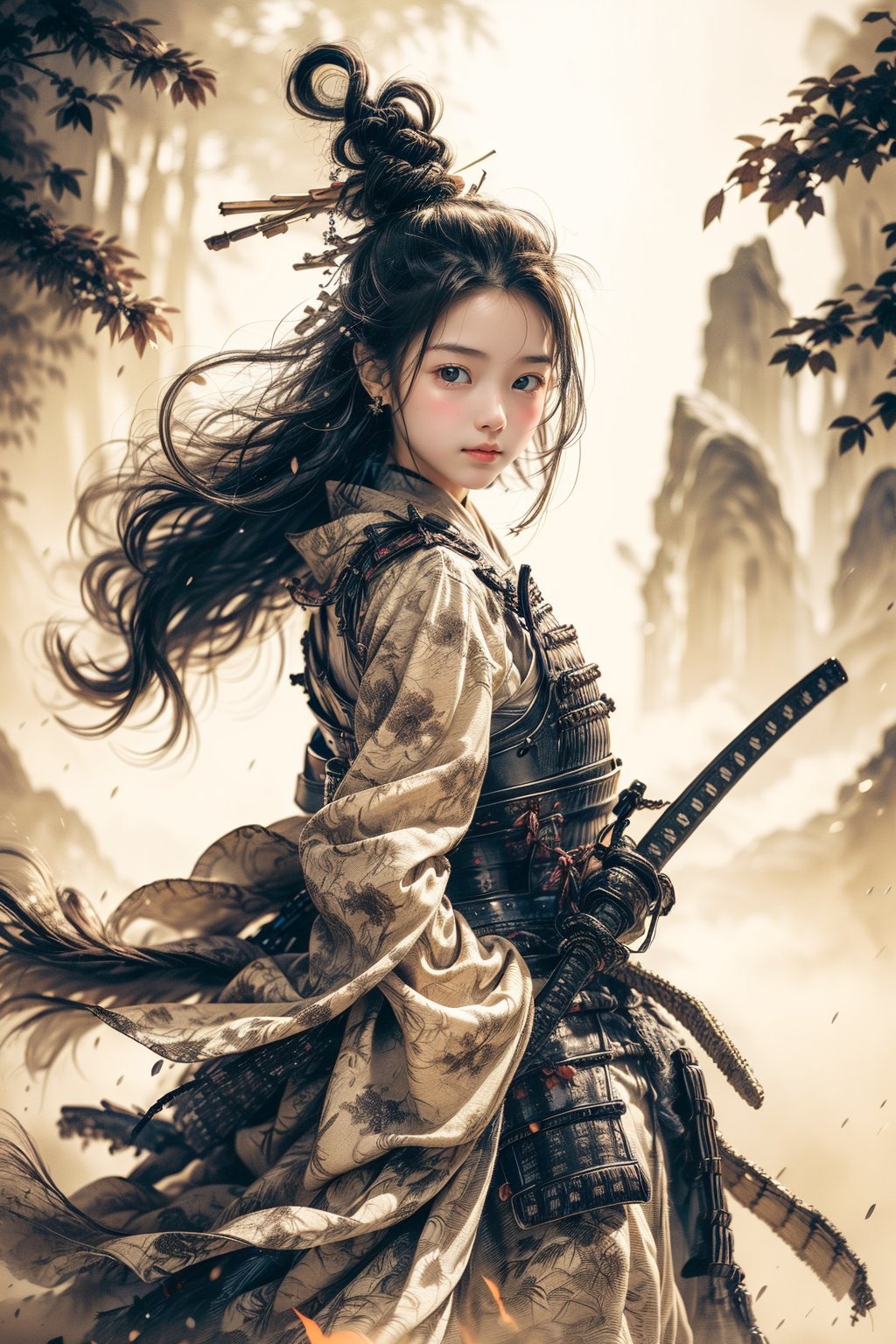 1girl,Sweet, full body ,large breasts,The background is rainy day, bright autumn, battlefield fires and buning embers rizeing,1 girl,big eyes, beautiful korean girl, looking at viewer,Female Samurai, Holding a Japanese Sword, shining bracelet,beautiful hanfu(white, transparent),cape, solo, {beautiful and detailed eyes}, calm expression, natural and soft light, delicate facial features,very small earrings, ((model pose)), Glamor body type, (neon hair:1.2) ,long ponytail,very_long_hair, hair past hip, curly hair, flim grain, realhands, masterpiece, Best Quality, photorealistic, ultra-detailed, finely detailed, high resolution, perfect dynamic composition, beautiful detailed eyes, eye smile, ((nervous and embarrassed)), sharp-focus, full_body, sexy pose,cowboy_shot,Samurai girl,glowing forehead,lighting, Japanese Samurai Sword (Katana),chinkstyle