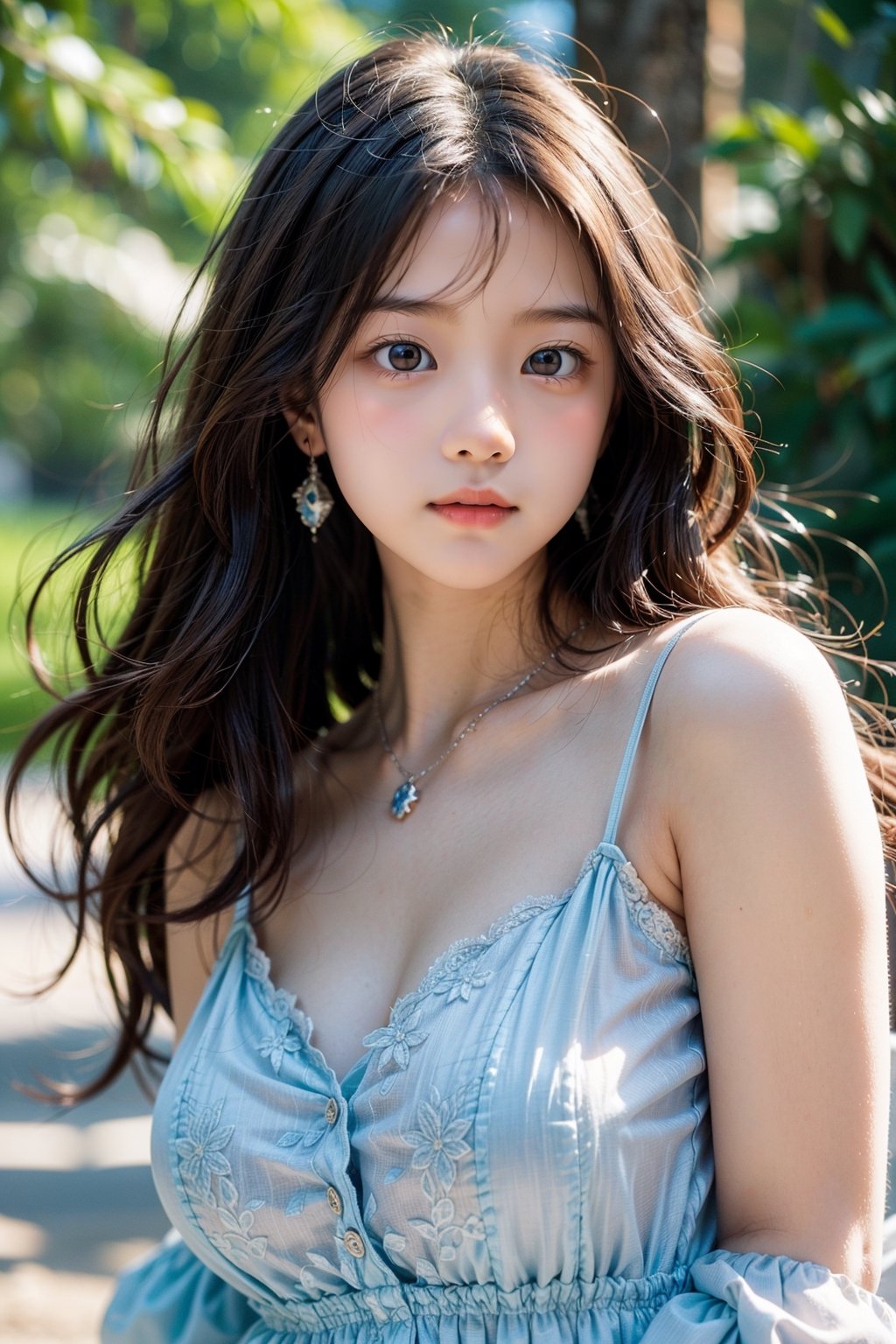 background is Angkor Wat,ancient temple,Tetrameles,jungle,ruins,Ta Prohm Temple Trees,gigantic tree, 18 yo, 1 girl, over sized eyes, big eyes, beautiful korean girl, wearing blue simple summer dress(strap,flower pattern), happy smile, cloth blowing by wind, solo, {beautiful and detailed eyes}, dark eyes, calm expression, delicate facial features, ((model pose)), Glamor body type, (dark hair:1.2),very_long_hair, hair past hip,curly hair,bangs, simple tiny necklace,simple tiny earrings, flim grain, realhands, masterpiece, Best Quality, 16k, photorealistic, ultra-detailed, finely detailed, high resolution, perfect dynamic composition, beautiful detailed eyes, eye smile, ((nervous and embarrassed)), sharp-focus, full_body, cowboy_shot,midjourney