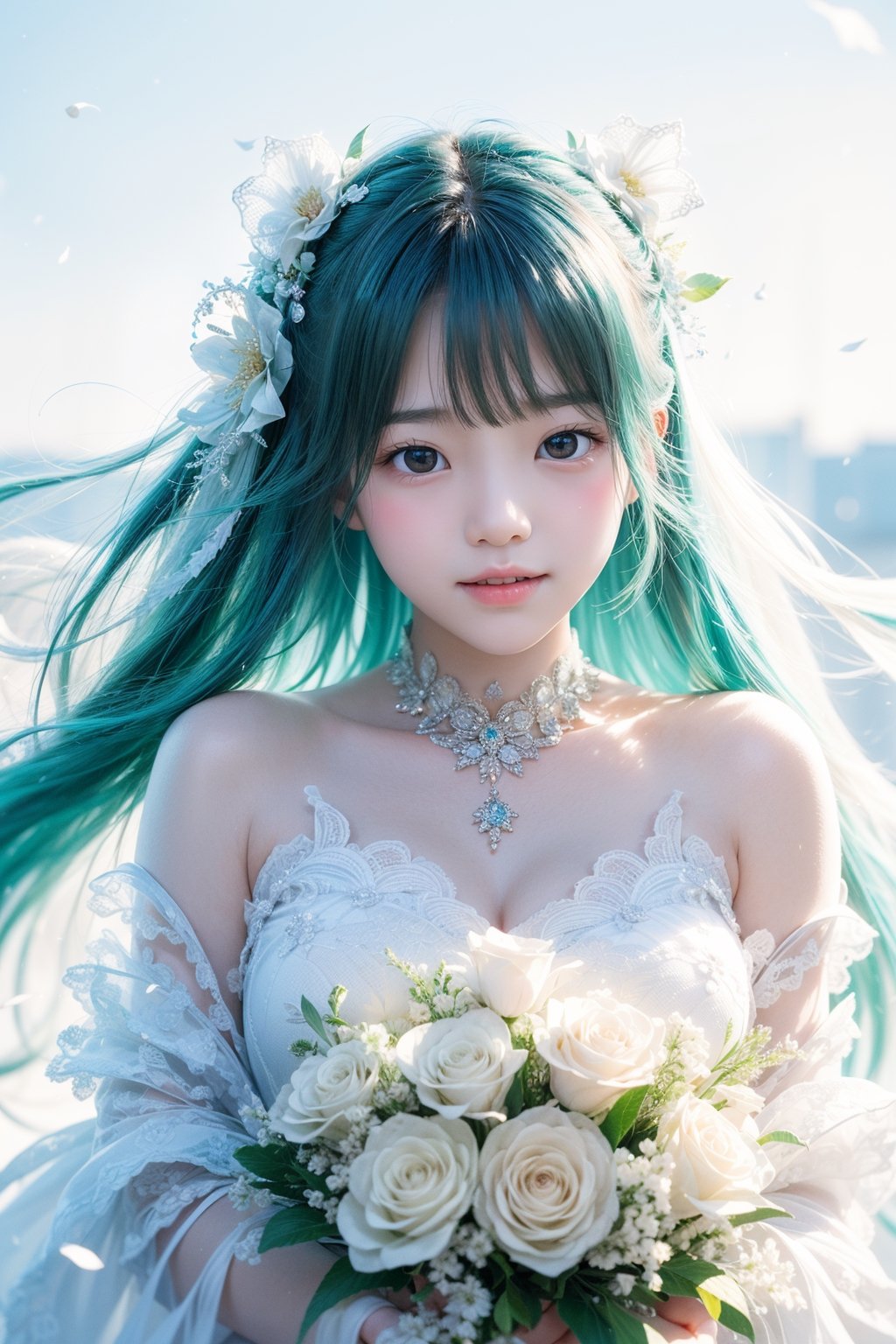 miku hatsune, long hair, white flower garden, wedding dress, holding bouquet, sliming, blue sky, no cloud, smiling, open mouth ray tracing, cinematic lighting, cuteness, freedom, hope, sharp focus, vibrant color, depth of field, cowboy shot, (intricate detail:1.2), (white theme:1.4), (blue tone:1.4), illustration, watercolor art, perfect light, 1 girl, beautiful korean girl, 18 yo, over sized eyes, big eyes, smiling, looking at viewer