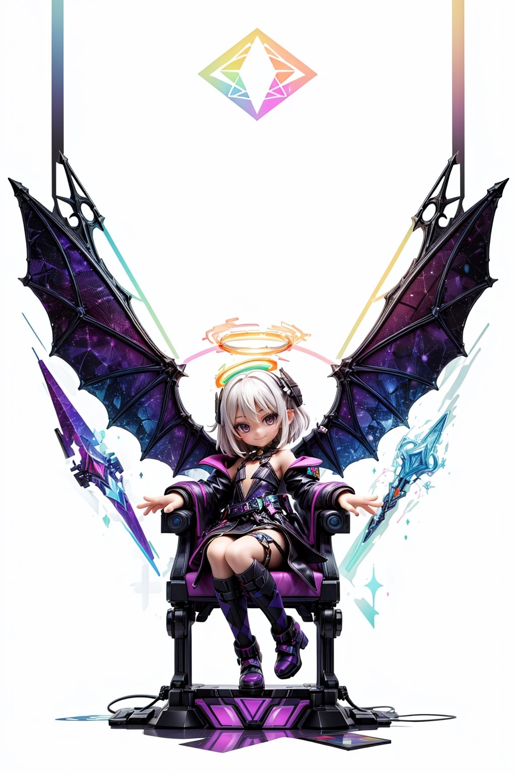 (white background:1.5), 1 girl, mid shot, full body, (succubus:1.2), (Lilith:1.2), (1 girl:1.2), solo, (short white hair:1.2) , (refreshing eyes:1.1) ,(crazy smile:0.8), (flat chest), (dress), (glitch digital glowing wings), (full body:1.0), (beautiful detailed eyes:1.0), (detailed face:1.0), (sitting on a throne), (one hand on hip:1.2) ,looking at you, /////////////////////////// ////////////////////////// ///////////////////////// psychedelic art, glitch art, abstract art, concept art,(point_color:1.4),(RGB Splitting:1.3),(god rays), (extremely detailed light), (science_fiction:1.2), (trippy:1.2),(colorful ink ), (floating colorful ink droplet ), (triangle shape:1.3), (Lilith of night:1.3), (gradient_background:1.1),(glitch background),( digital halo:1.2),(fluorescent graffiti :1.2),(neon light:1.2), (glowstick:1.2), (floating triangle glass fragments:1.2)
,Realism