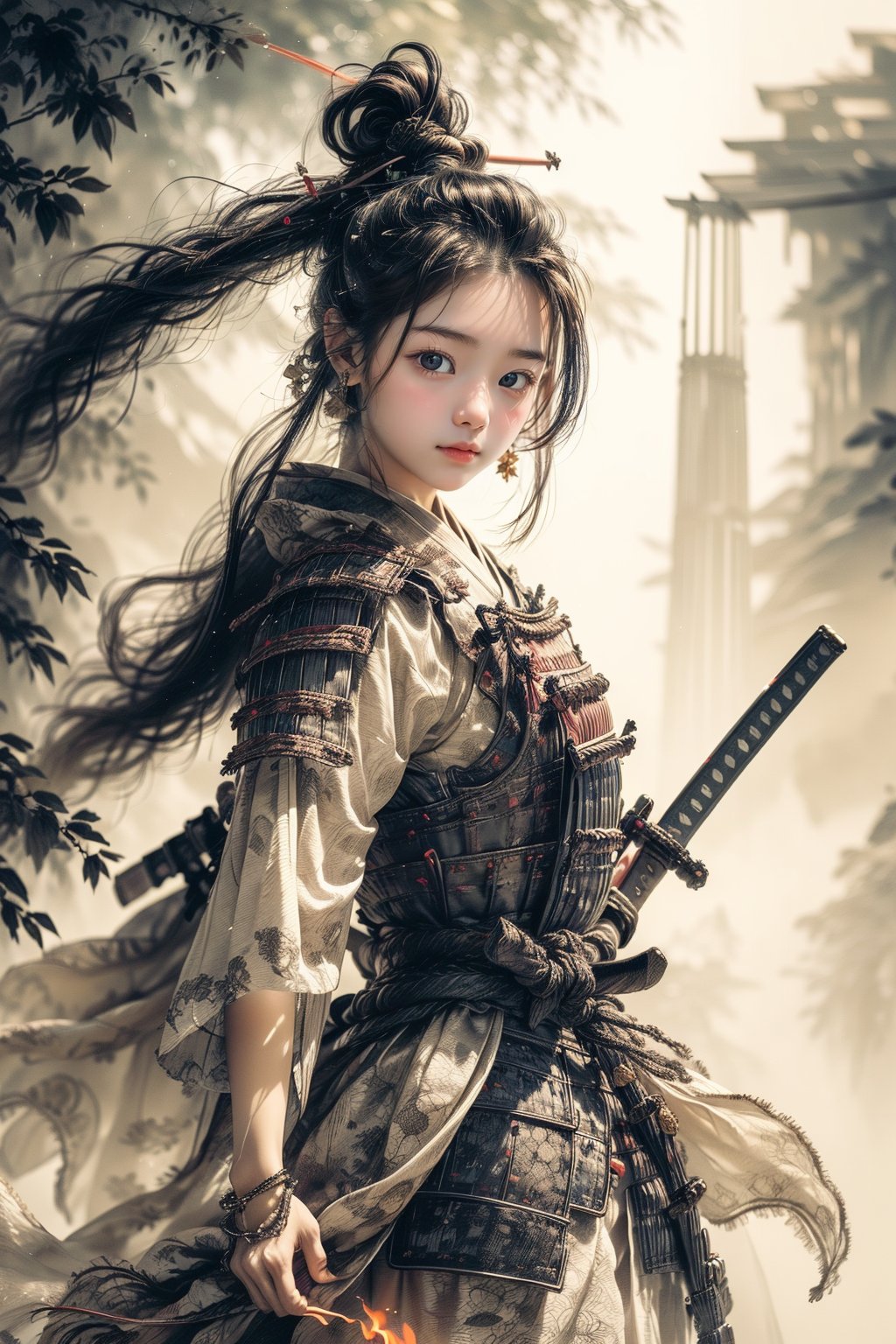 1girl,Sweet, full body ,large breasts,The background is rainy day, bright autumn, battlefield fires and buning embers rizeing,1 girl,big eyes, beautiful korean girl, looking at viewer,Female Samurai, Holding a Japanese Sword, shining bracelet,beautiful hanfu(white, transparent),cape, solo, {beautiful and detailed eyes}, calm expression, natural and soft light, delicate facial features,very small earrings, ((model pose)), Glamor body type, (neon hair:1.2) ,long ponytail,very_long_hair, hair past hip, curly hair, flim grain, realhands, masterpiece, Best Quality, photorealistic, ultra-detailed, finely detailed, high resolution, perfect dynamic composition, beautiful detailed eyes, eye smile, ((nervous and embarrassed)), sharp-focus, full_body, sexy pose,cowboy_shot,Samurai girl,glowing forehead,lighting, Japanese Samurai Sword (Katana),chinkstyle