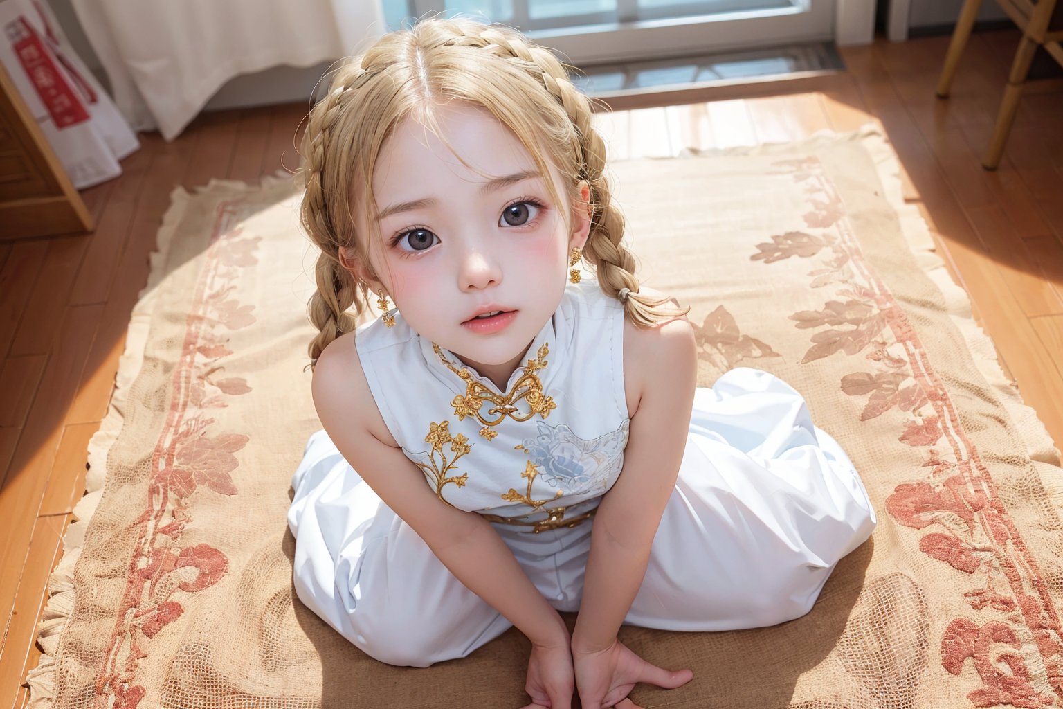 Envision a cute little girl, with blonde hair, blue eyes, ((kiss pose)), wearing 2 golden star earrings, white clothes, cheongsam with golden thread embroidery, steel chestpad, holding a face mask with the right hand, symmetrical, looking up, ((adorable expression)), full body, hair strand, Fair skin, glistening, 2 side braids, best quality, masterpiece, sharp focus, super detailed, 8k, high angle photo, close up, high contrast, (((tween, preteen, 10-year-old, 4k))), AIDA_LoRA_AnC, ((looking up her clothes)), 