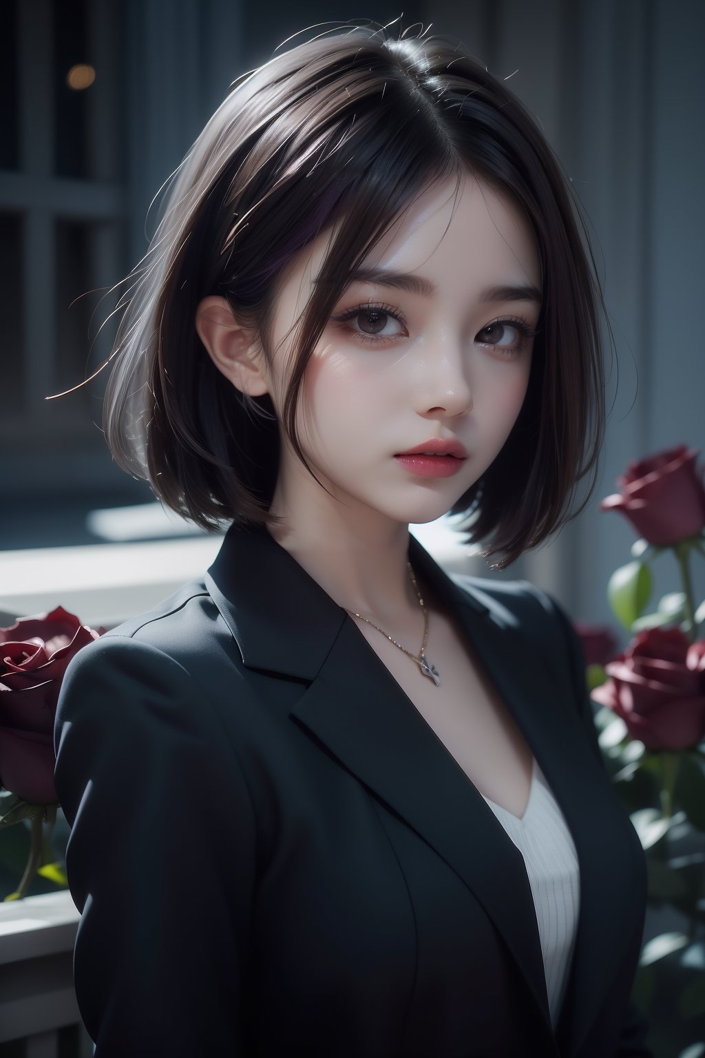 Girl (short hair, brown hair with purple ends), wearing black office suit, roses, dahl background, exposure mix, medium shot, bokeh, (hdr: 1.4), high contrast, (film, gray and black: 0.35), ( Gray tones, dark colors, soothing tones: 1.3), low saturation
,Realism