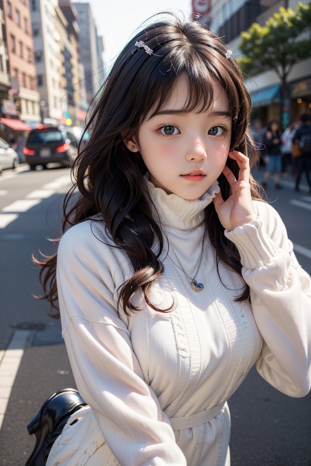 background is New York,street, 1 girl, beautiful korean girl, looking at viewer, Kyary Pamyu Pamyu perfectly morped with 18 year old angel Olsen, over sized eyes, big eyes, smiling, wearing tight black dress(turtle neck,simple,long sleeves),black long boots, smile, solo, {beautiful and detailed eyes}, dark eyes, big breasts, calm expression, delicate facial features, ((model pose)), Glamor body type, (dark hair:1.2), simple tiny earrings, simple tiny necklace,very_long_hair, hair past hip, bangs, curly hair, flim grain, realhands, masterpiece, Best Quality, 16k, photorealistic, ultra-detailed, finely detailed, high resolution, perfect dynamic composition, beautiful detailed eyes, eye smile, ((nervous and embarrassed)), sharp-focus, full_body, cowboy_shot,colorful_girl_v2,best quality