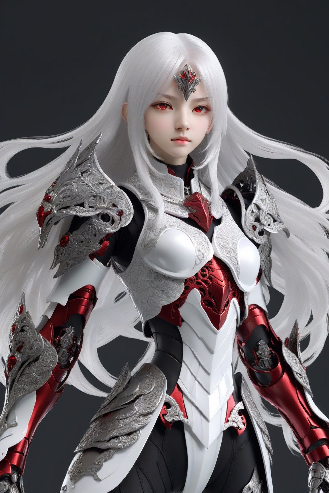 front_view, (1girl, looking at viewer), white long hair, black metalic mechanical_armor, dynamic pose, delicate white filigree, intricate filigree, red metalic parts, intricate armor, detailed part