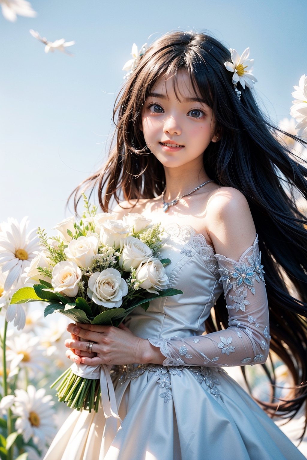 miku hatsune, long hair, white flower garden, wedding dress, holding bouquet, sliming, blue sky, no cloud, smiling, open mouth ray tracing, cinematic lighting, cuteness, freedom, hope, sharp focus, vibrant color, depth of field, cowboy shot, (intricate detail:1.2), (white theme:1.4), (blue tone:1.4), illustration, watercolor art, perfect light, 1 girl, beautiful korean girl, 18 yo, over sized eyes, big eyes, smiling, looking at viewer