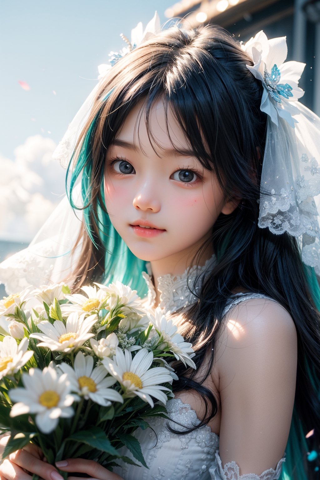 miku hatsune, long hair, white flower garden, wedding dress, holding bouquet, sliming, blue sky, no cloud, smiling, open mouth ray tracing, cinematic lighting, cuteness, freedom, hope, sharp focus, vibrant color, depth of field, cowboy shot, (intricate detail:1.2), (white theme:1.4), (blue tone:1.4), illustration, watercolor art, perfect light, 1 girl, beautiful korean girl, 18 yo, over sized eyes, big eyes, smiling, looking at viewer