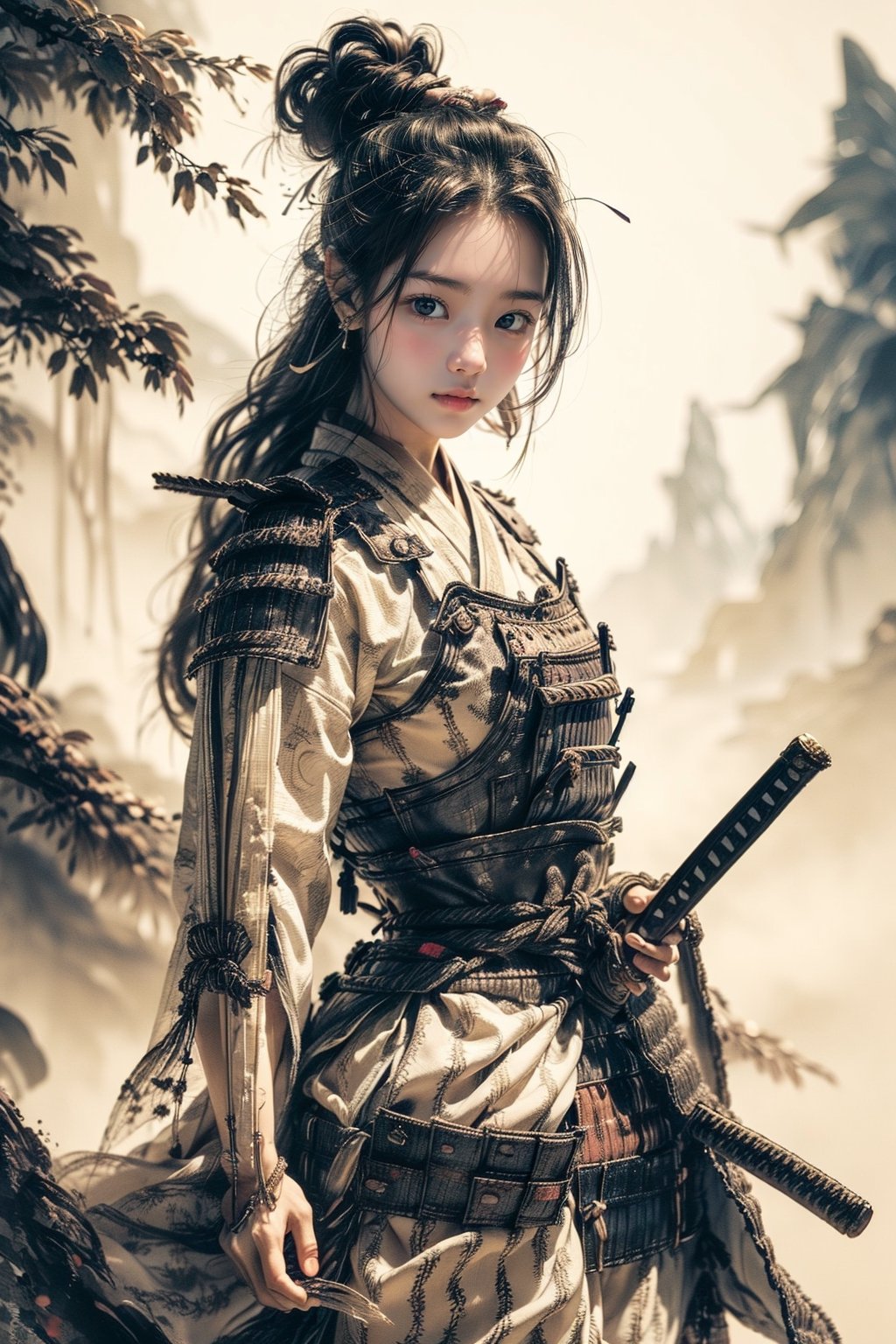 1girl, Sweet, full body, large breasts, The background is rainy day, bright autumn, battlefield fires and buning embers rizeing, most beautiful korean girl, looking at viewer, 18yo, over sized eyes, big eyes, ((Cowboy Shot: 1.5)), Female Samurai, Holding a Japanese Sword, shining bracelet, beautiful hanfu(white, transparent), cape, solo, {beautiful and detailed eyes}, calm expression, natural and soft light, delicate facial features,very small earrings, ((model pose)), Glamor body type, (neon hair:1.2), long ponytail, very_long_hair, hair past hip, curly hair, flim grain, realhands, masterpiece, Best Quality, photorealistic, ultra-detailed, finely detailed, high resolution, perfect dynamic composition, beautiful detailed eyes, eye smile, ((nervous and embarrassed)), sharp-focus, full_body, sexy pose, Samurai girl, glowing forehead, lighting, Japanese Samurai Sword (Katana),best quality,chinkstyle