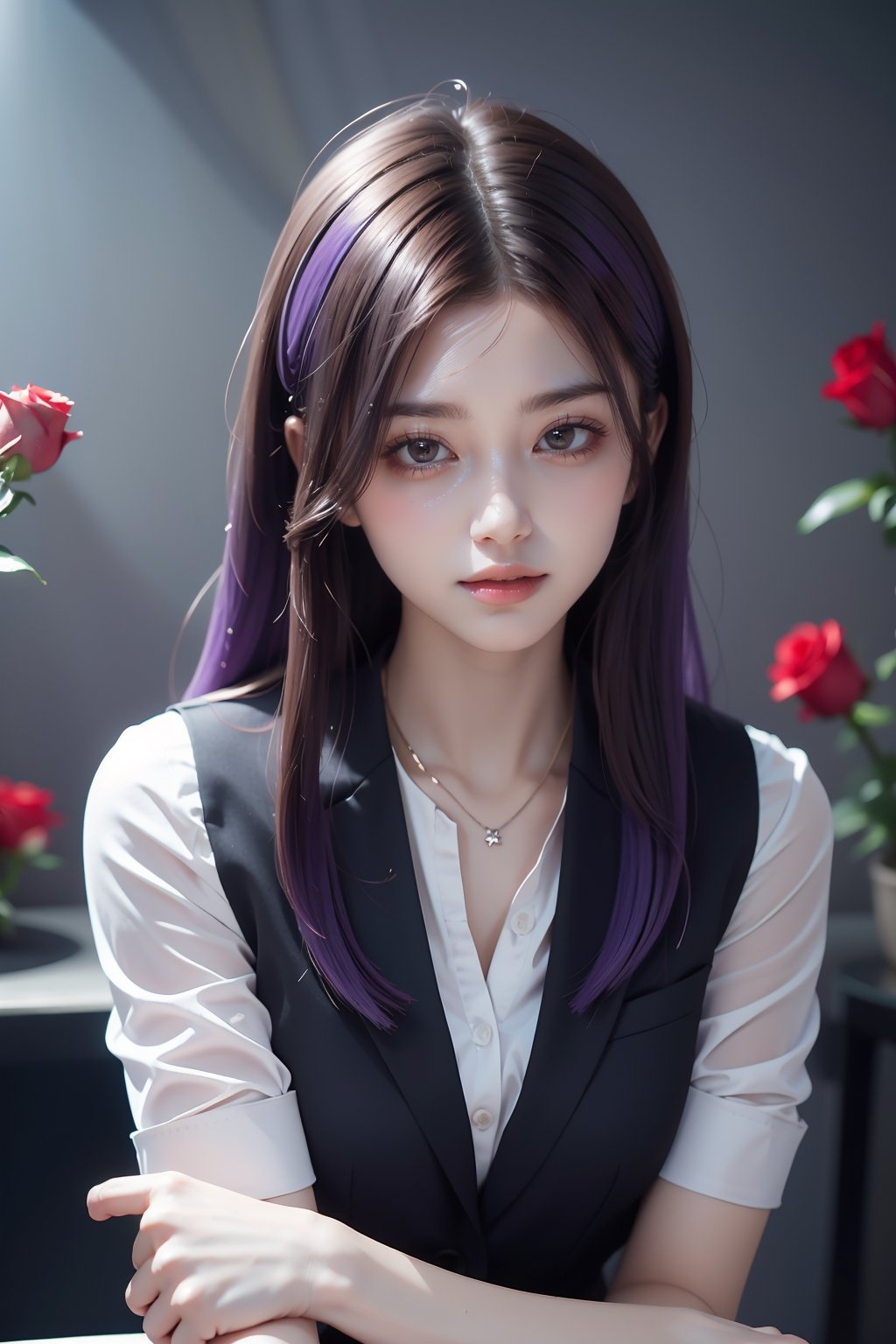 Girl (long hair, brown hair with purple ends), wearing black office suit, roses, dahl background, exposure mix, medium shot, bokeh, (hdr: 1.4), high contrast, (film, gray and black: 0.35), ( Gray tones, dark colors, soothing tones: 1.3), low saturation
,Realism,Portrait