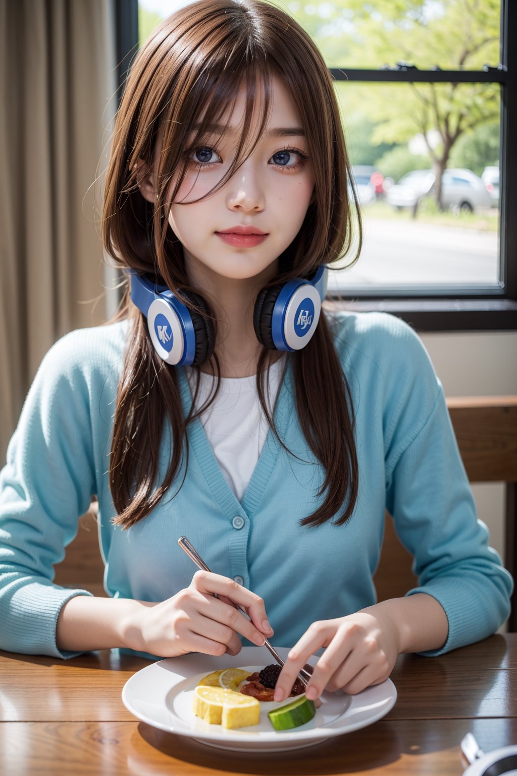 ((masterpiece, 8k, RAW, ultra realistic)), miku nakano, enjoying breakfast before school, long hair, bangs, blue eyes, brown hair, shirt, hair between eyes, shy smile, headphones, blue cardigan, white shirt, GREEN SKIRT, headphones around neck,
,MIKU NAKANO,Realism,Portrait