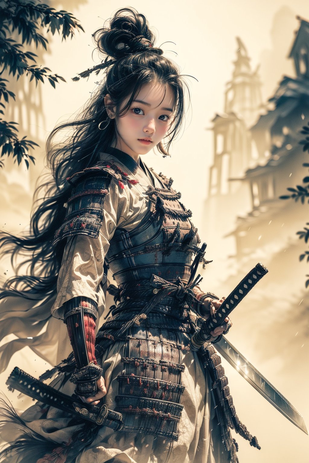 1girl,Sweet, full body ,large breasts,The background is rainy day, bright autumn, battlefield fires and buning embers rizeing,1 girl,big eyes, beautiful korean girl, looking at viewer,Female Samurai, Holding a Japanese Sword, shining bracelet,beautiful hanfu(white, transparent),cape, solo, {beautiful and detailed eyes}, calm expression, natural and soft light, delicate facial features,very small earrings, ((model pose)), Glamor body type, (neon hair:1.2) ,long ponytail,very_long_hair, hair past hip, curly hair, flim grain, realhands, masterpiece, Best Quality, photorealistic, ultra-detailed, finely detailed, high resolution, perfect dynamic composition, beautiful detailed eyes, eye smile, ((nervous and embarrassed)), sharp-focus, full_body, sexy pose,cowboy_shot,Samurai girl,glowing forehead,lighting, Japanese Samurai Sword (Katana),chinkstyle,best quality