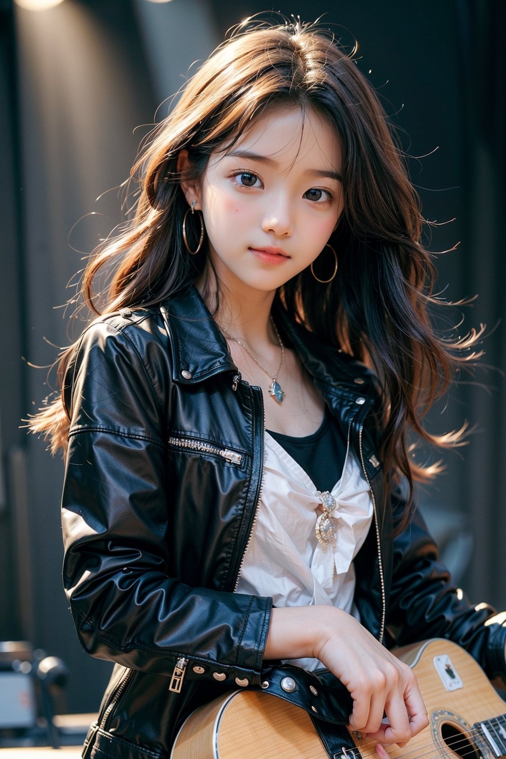 background is music stage,rock band,spot lights, 18 yo, 1 girl, beautiful korean girl, big eyes, stanging on stage, holding an electric guitar, wearing black bike jacket, happy smile,solo, {beautiful and detailed eyes}, dark eyes, calm expression, delicate facial features, ((model pose)), Glamor body type, (dark hair:1.2),very long hair,curly hair,hair_past_waist, simple tiny necklace,simple tiny earrings, flim grain, realhands, masterpiece, Best Quality, 16k, photorealistic, ultra-detailed, finely detailed, high resolution, perfect dynamic composition, beautiful detailed eyes, eye smile, ((nervous and embarrassed)), sharp-focus, full_body, cowboy_shot,colorful_girl_v2, looking at viewer,masterpiece,best quality