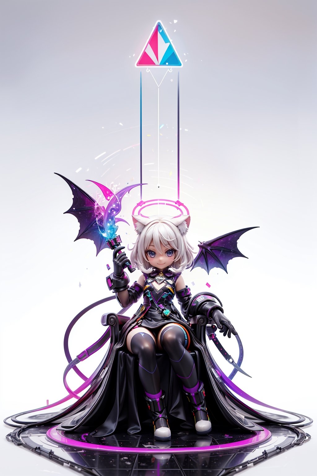 (white background:1.5), 1 girl, mid shot, full body, (succubus:1.2), (Lilith:1.2), (1 girl:1.2), solo, (short white hair:1.2) , (refreshing eyes:1.1) ,(crazy smile:0.8), (flat chest), (dress), (glitch digital glowing wings), (full body:1.0), (beautiful detailed eyes:1.0), (detailed face:1.0), (sitting on a throne), (one hand on hip:1.2) ,looking at you, /////////////////////////// ////////////////////////// ///////////////////////// psychedelic art, glitch art, abstract art, concept art,(point_color:1.4),(RGB Splitting:1.3),(god rays), (extremely detailed light), (science_fiction:1.2), (trippy:1.2),(colorful ink ), (floating colorful ink droplet ), (triangle shape:1.3), (Lilith of night:1.3), (gradient_background:1.1),(glitch background),( digital halo:1.2),(fluorescent graffiti :1.2),(neon light:1.2), (glowstick:1.2), (floating triangle glass fragments:1.2)
,Realism,cat ear,Rabbit ear,wrenchsmechs