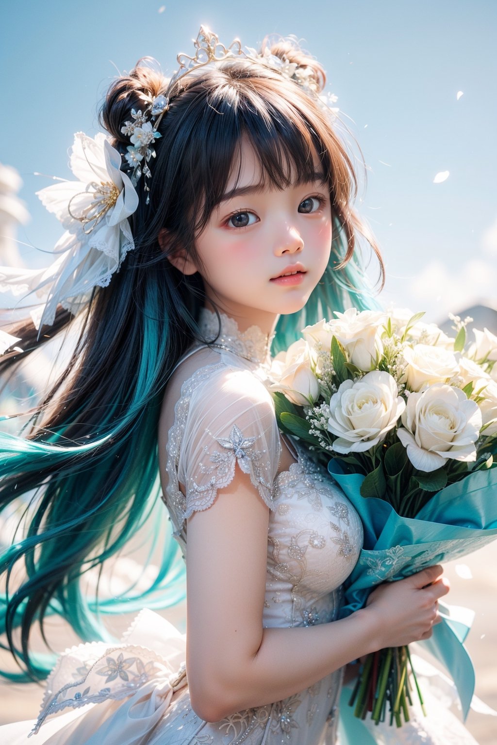 miku hatsune, long hair, white flower garden, wedding dress, holding bouquet, sliming, blue sky, no cloud, smiling, open mouth ray tracing, cinematic lighting, cuteness, freedom, hope, sharp focus, vibrant color, depth of field, cowboy shot, (intricate detail:1.2), (white theme:1.4), (blue tone:1.4), illustration, watercolor art, perfect light, 1 girl, beautiful korean girl, 18 yo, over sized eyes, big eyes, smiling, looking at viewer