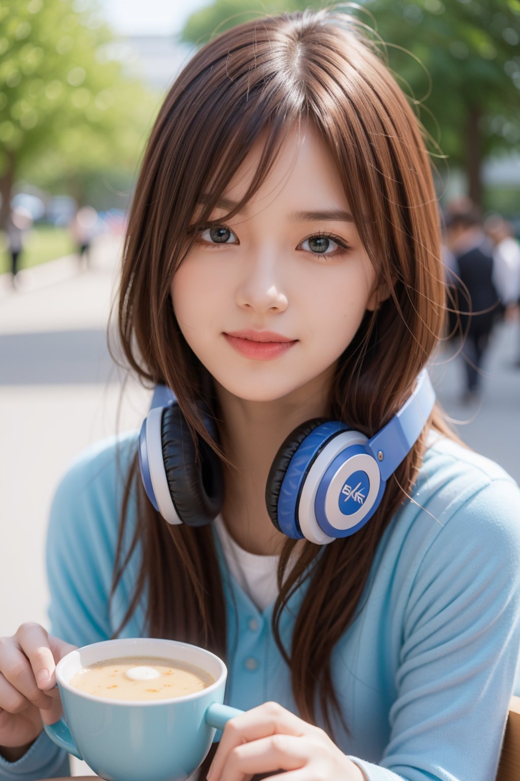 ((masterpiece, 8k, RAW, ultra realistic)), miku nakano, enjoying breakfast before school, long hair, bangs, blue eyes, brown hair, shirt, hair between eyes, shy smile, headphones, blue cardigan, white shirt, GREEN SKIRT, headphones around neck,
,MIKU NAKANO,Realism,Portrait