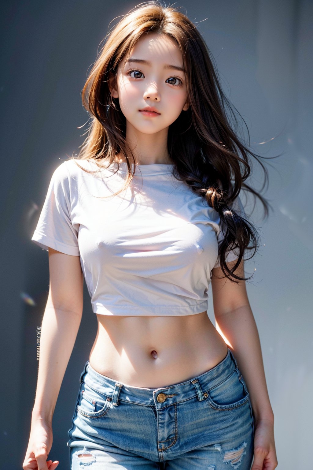 (masterpiece, best quality, highres:1.3), ultra resolution image, (solo), (1girl, most beautiful korean girl, Korean beauty model, stunningly beautiful girl, gorgeous girl, 20yo, over sized eyes, big eyes, smiling, looking at viewer), formad hair:1.4, forehead, long hair syle, tomboy, blonde hair, red eye, simple --niji, kpop girl, :3:1.3, (simple white t shirts), (blue jeans), navel, large hips, mature girl, kawai pose, victory, :3:1.2, face close to viewer, fall in love to viewer, dynamic angle:1.4, pixel_art,