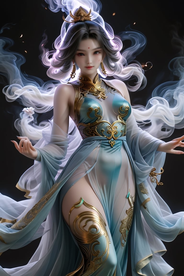 a Guanyin girl, [a white lighting translucent phantom made of smoke], intricate design, photorealistic, hyperrealistic, high definition, extremely detailed, cinematic, UHD, HDR, 32k, ultra hd, realistic, dark muted tones, highly detailed, perfect composition, beautiful detailed intricate insanely detailed octane render, trending on artstation,ghost person,Flat vector art,Magical Fantasy style,NIJI STYLE,huayu,SakimiStyle